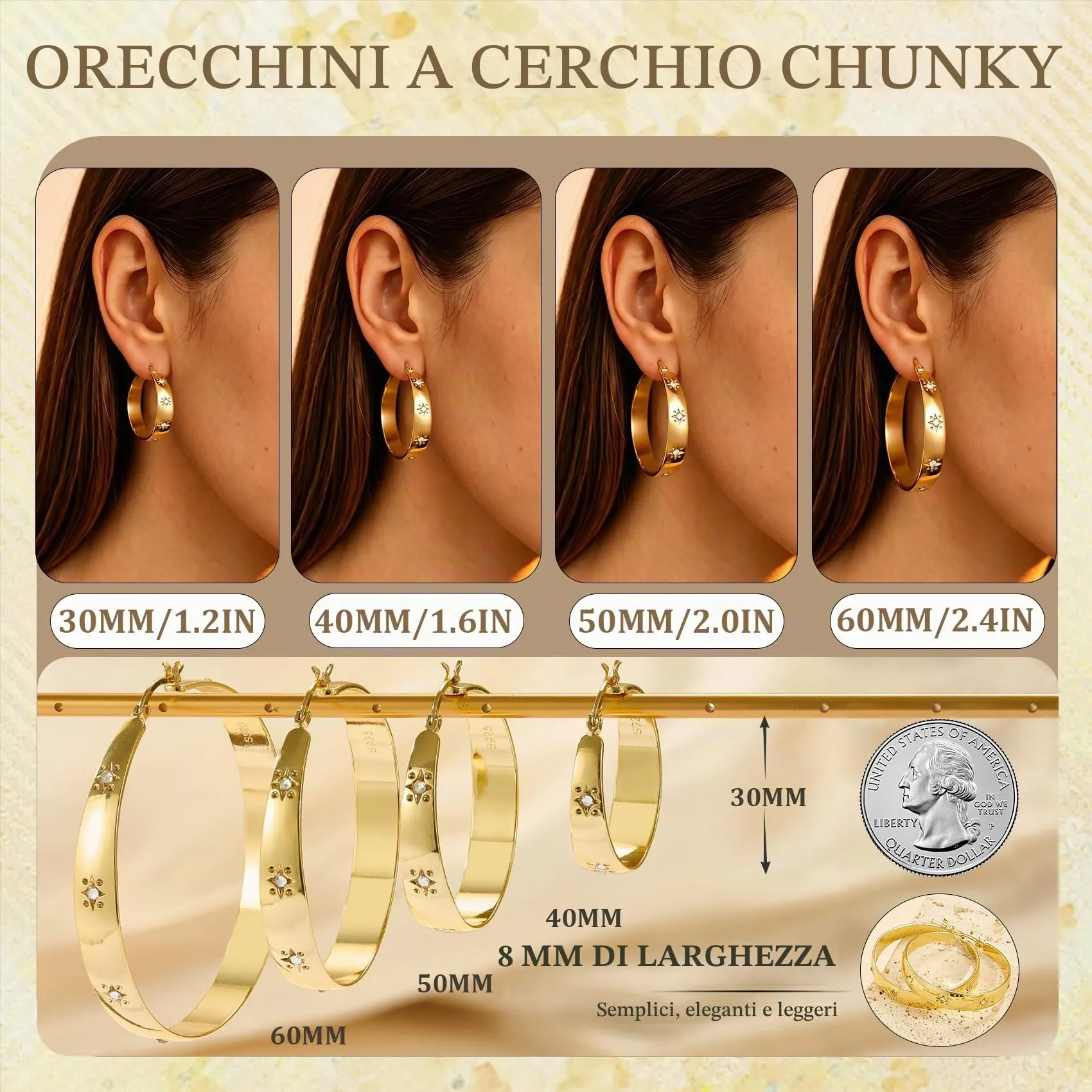 RANKEEF 8MM Orecchini A Cerchio Grandi In Oro Placcato Ipoallergenici Per - immagine 4