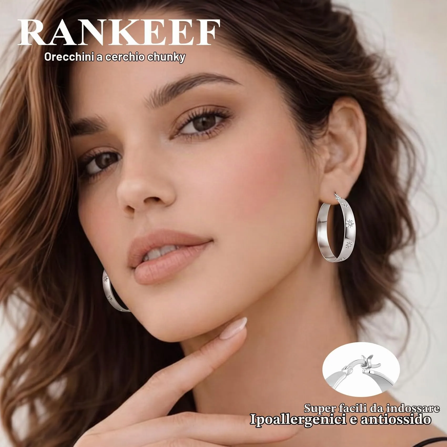 RANKEEF 8MM Orecchini Cerchio In Argento Placcato Ipoallergenico Per Donna - immagine 2