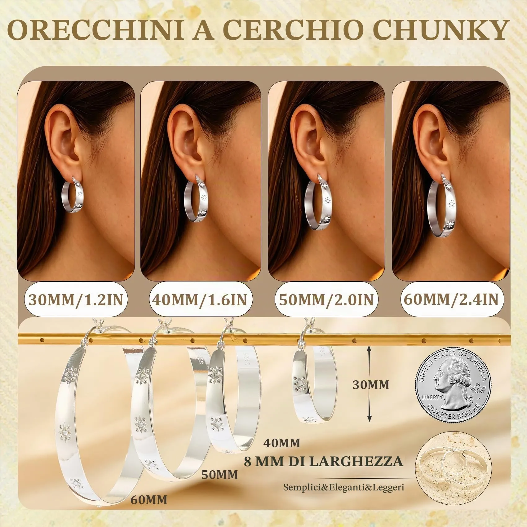 RANKEEF 8MM Orecchini Cerchio In Argento Placcato Ipoallergenico Per Donna - immagine 4