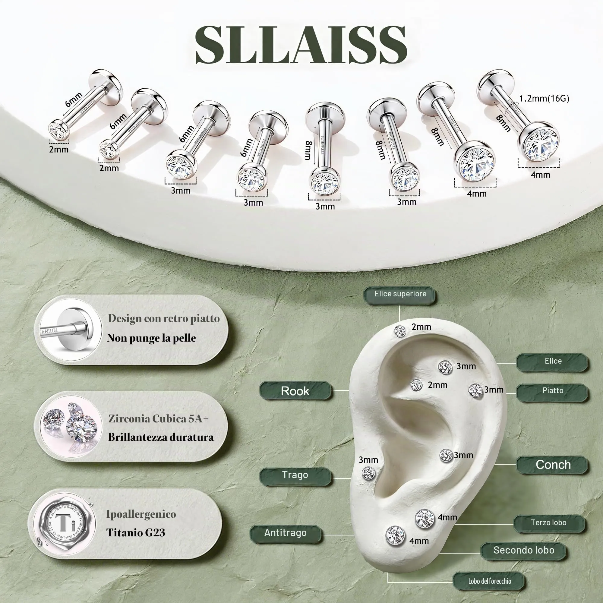 SLLAISS 4 Paia Piercing Tragus Orecchini Titanio G23 Piercing Helix - immagine 2