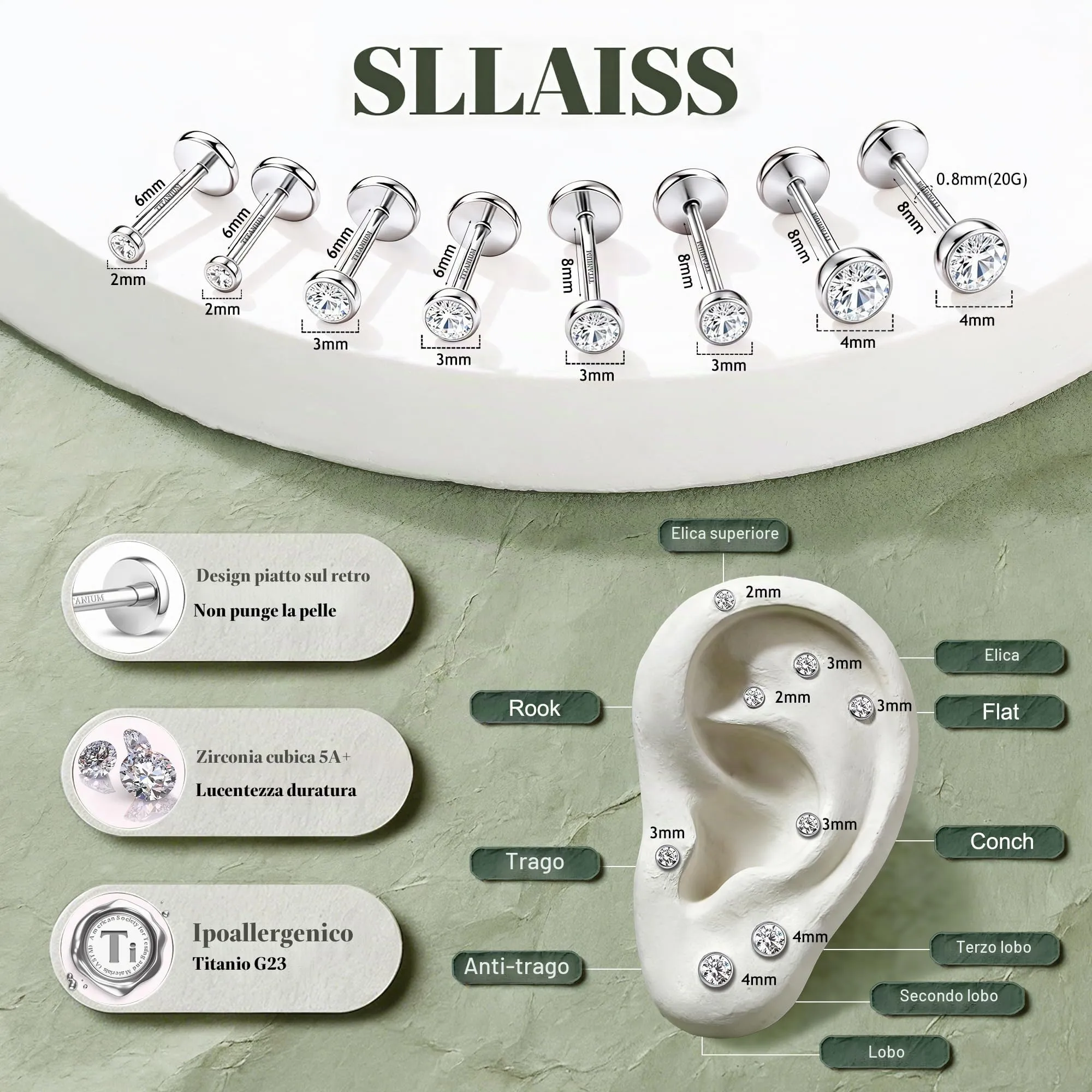 SLLAISS 4 Paia Piercing Tragus Orecchini Titanio G23 Piercing Helix - immagine 2