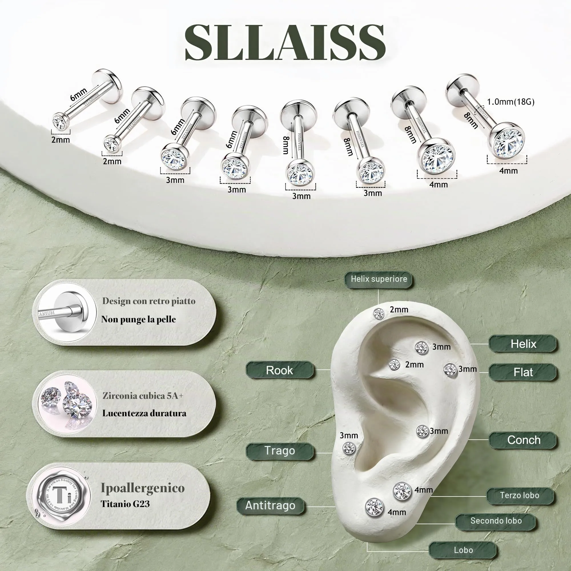 SLLAISS 4 Paia Piercing Tragus Orecchini Titanio G23 Piercing Helix - immagine 2