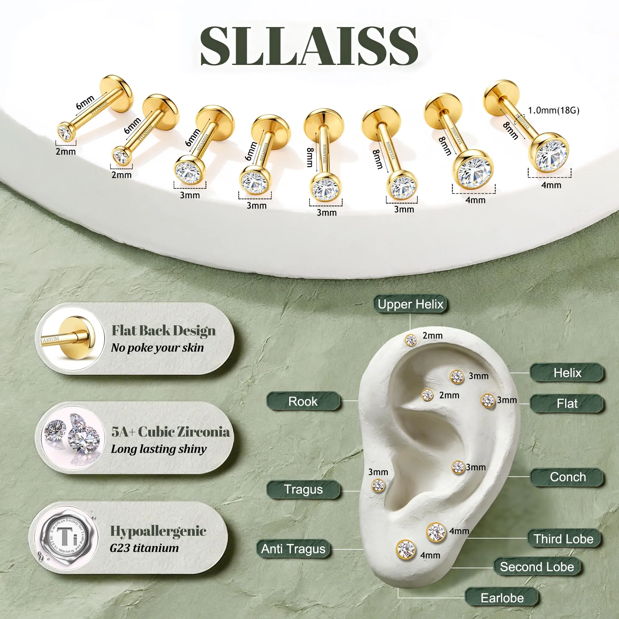 SLLAISS 4 Paia Piercing Tragus Orecchini Titanio G23 Piercing Helix - immagine 2