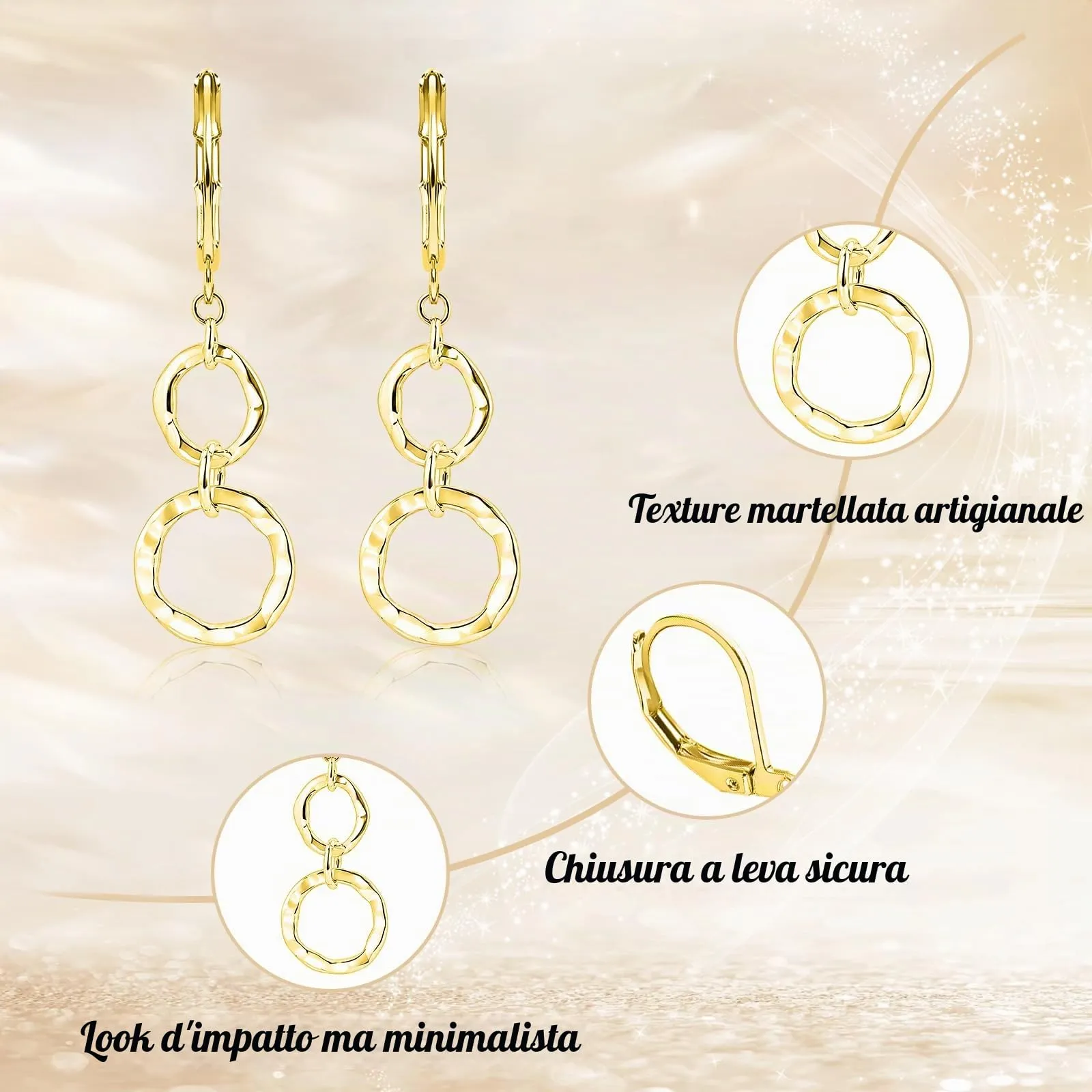 Orecchini Pendenti Donna Oro, Pendente Doppio Cerchio - immagine 5