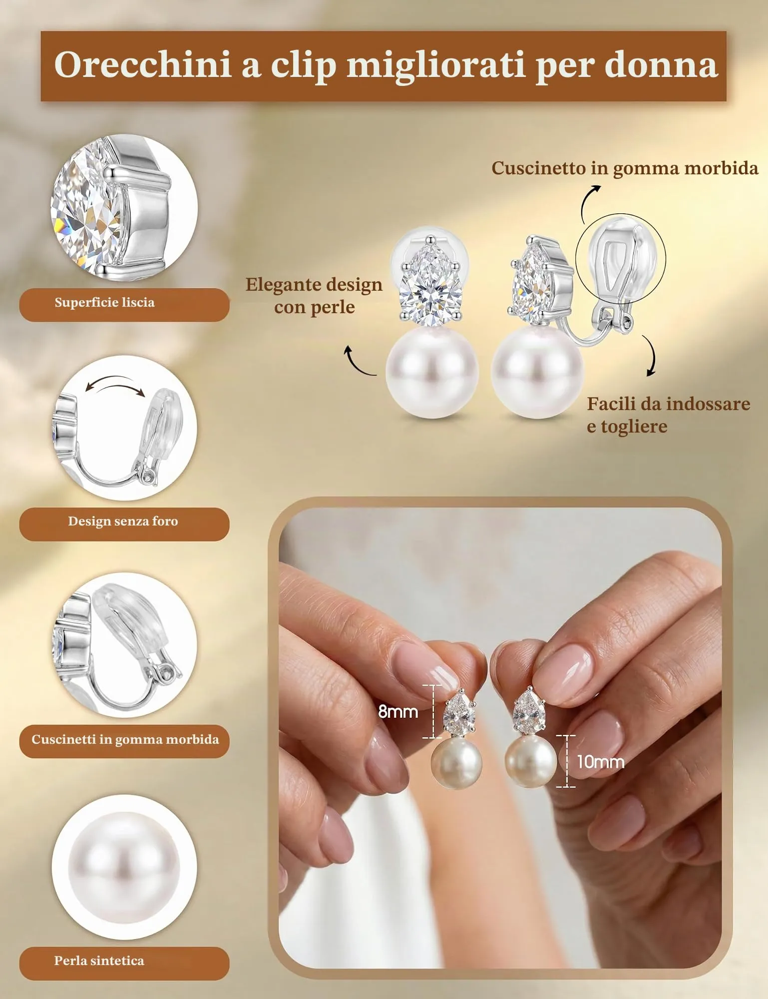 CASSIECA Orecchini Clip Donna Orecchini Shell-Perles Senza Buco per Donna - immagine 2