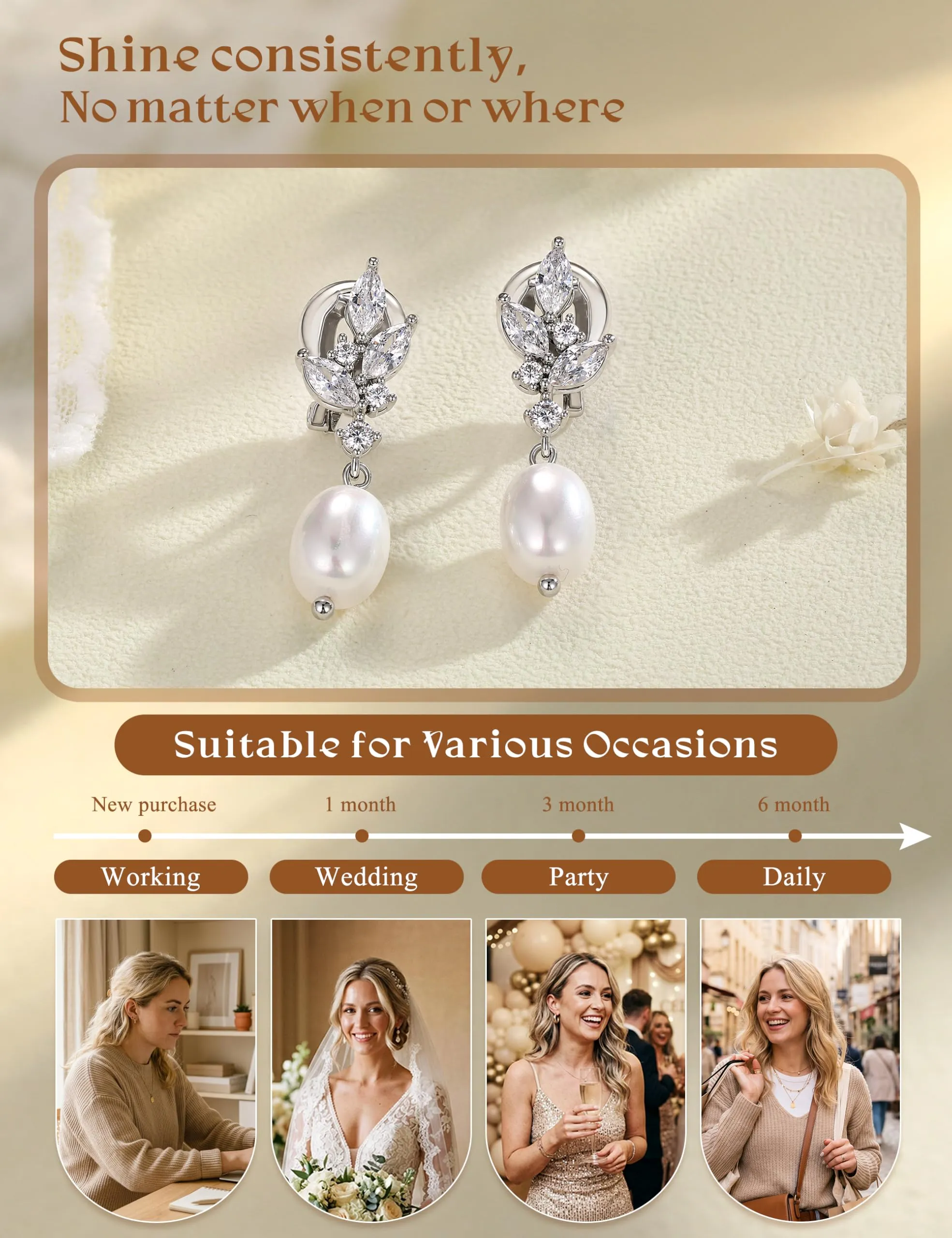 CASSIECA Orecchini Clip Donna Orecchini Shell-Perles Senza Buco per Donna - immagine 8