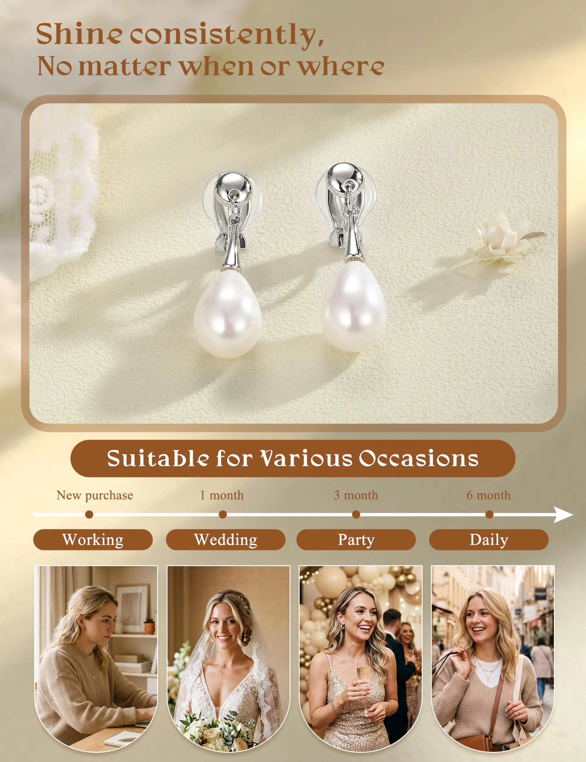 CASSIECA Orecchini Clip Donna Orecchini Shell-Perles Senza Buco per Donna - immagine 8