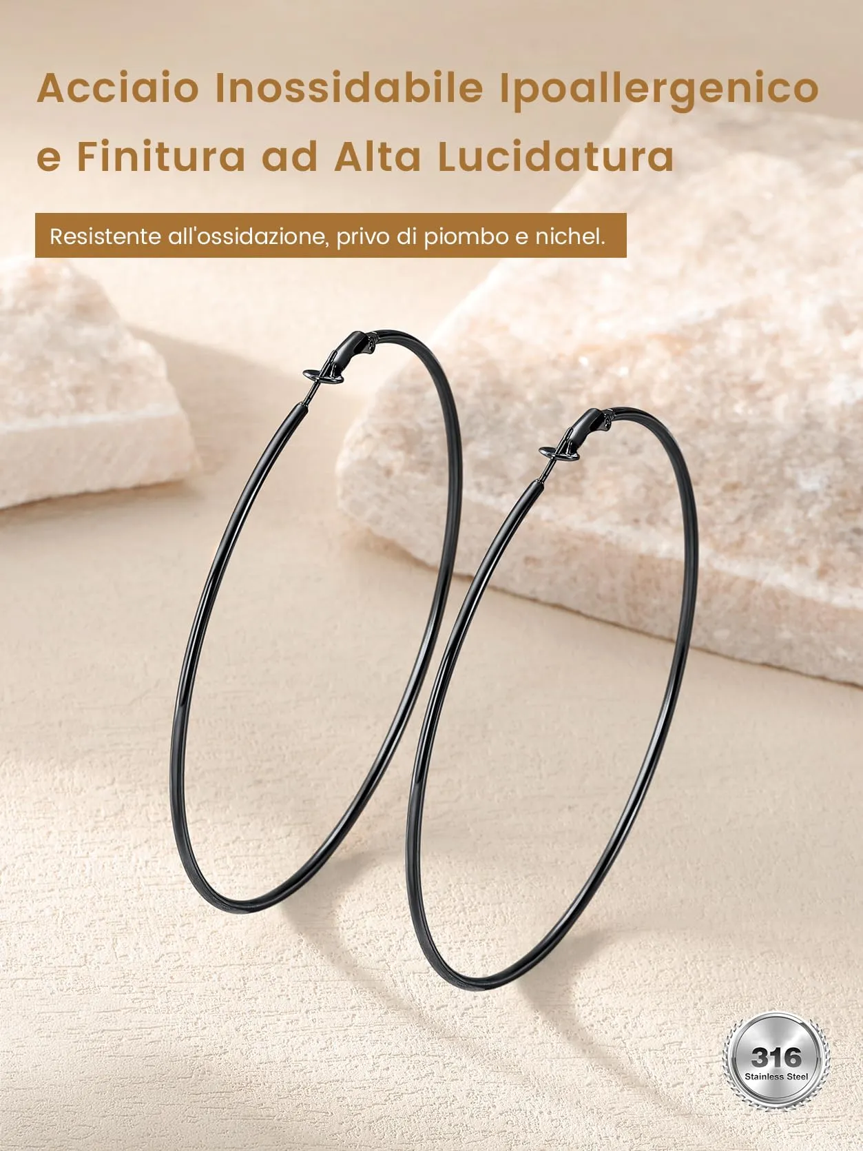 GoldChic Orecchini Cerchio Grande 90mm Nero in Acciaio Inox - immagine 5