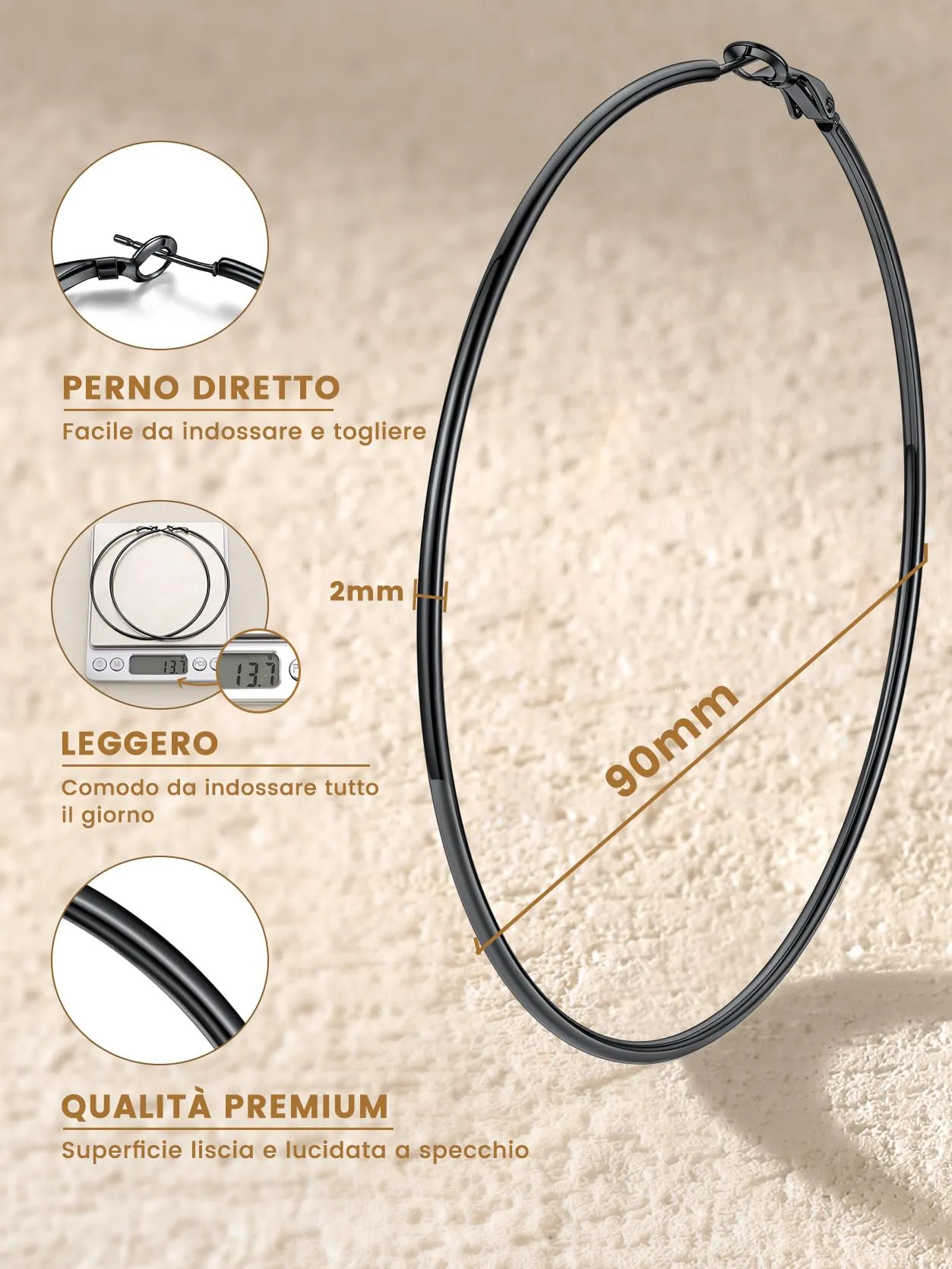GoldChic Orecchini Cerchio Grande 90mm Nero in Acciaio Inox - immagine 6