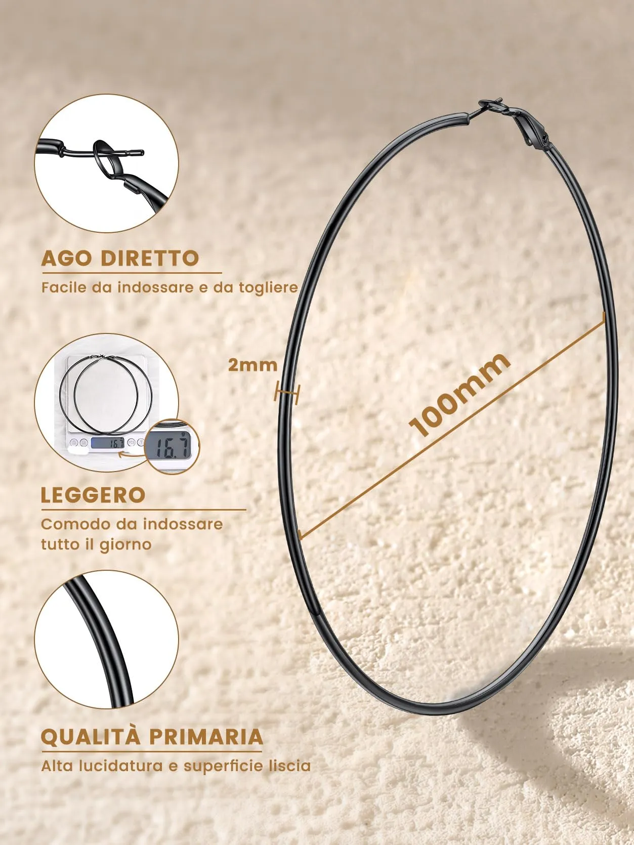 GoldChic Orecchini Cerchio Grande 100mm Nero in Acciaio Inox - immagine 7