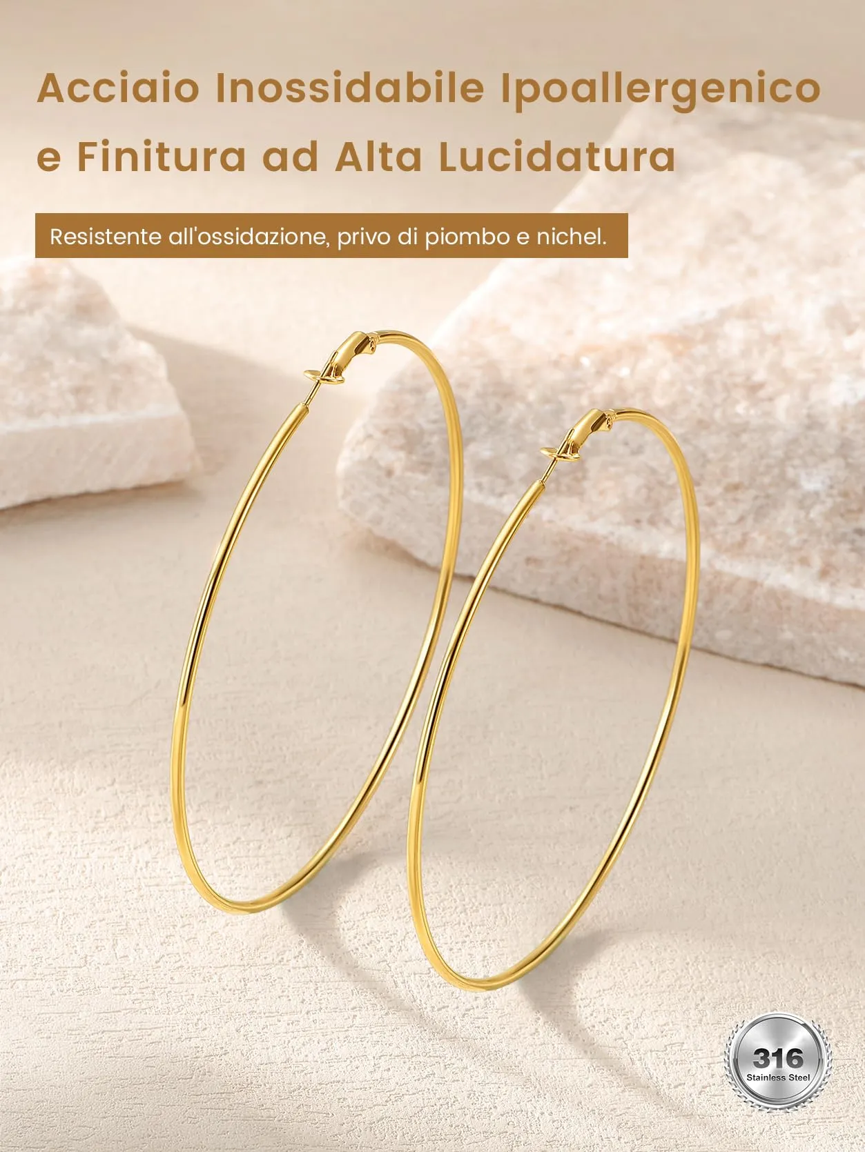 GoldChic Orecchini Cerchio Grande 90mm Oro in Acciaio Inox - immagine 3