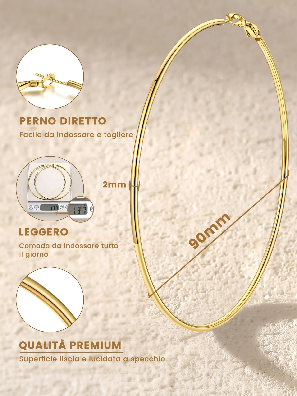 GoldChic Orecchini Cerchio Grande 90mm Oro in Acciaio Inox - immagine 4