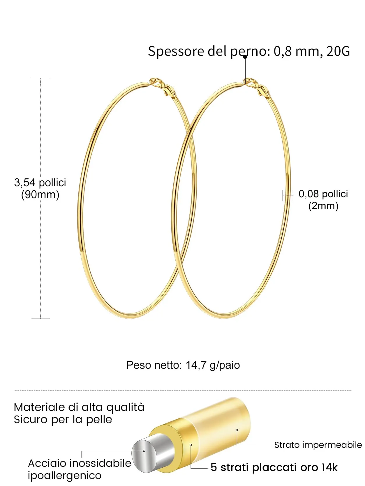 GoldChic Orecchini Cerchio Grande 90mm Oro in Acciaio Inox - immagine 5