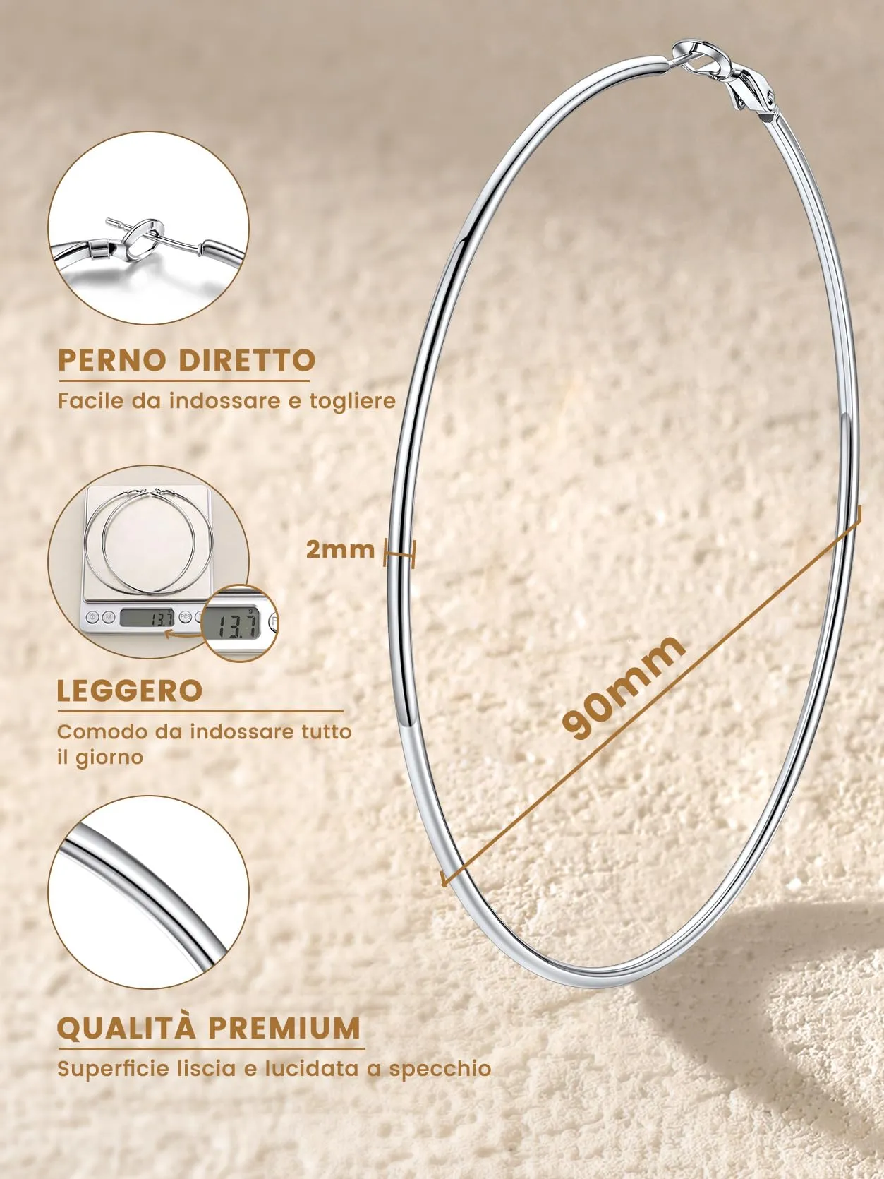GoldChic Orecchini Cerchio Grande 90mm Argento in Acciaio Inox - immagine 4