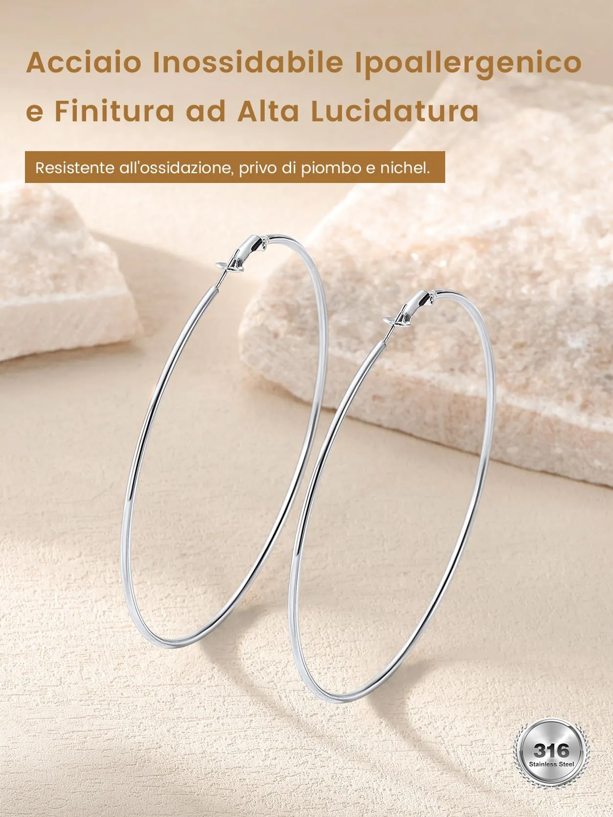 GoldChic Orecchini Cerchio Grande 90mm Argento in Acciaio Inox - immagine 6