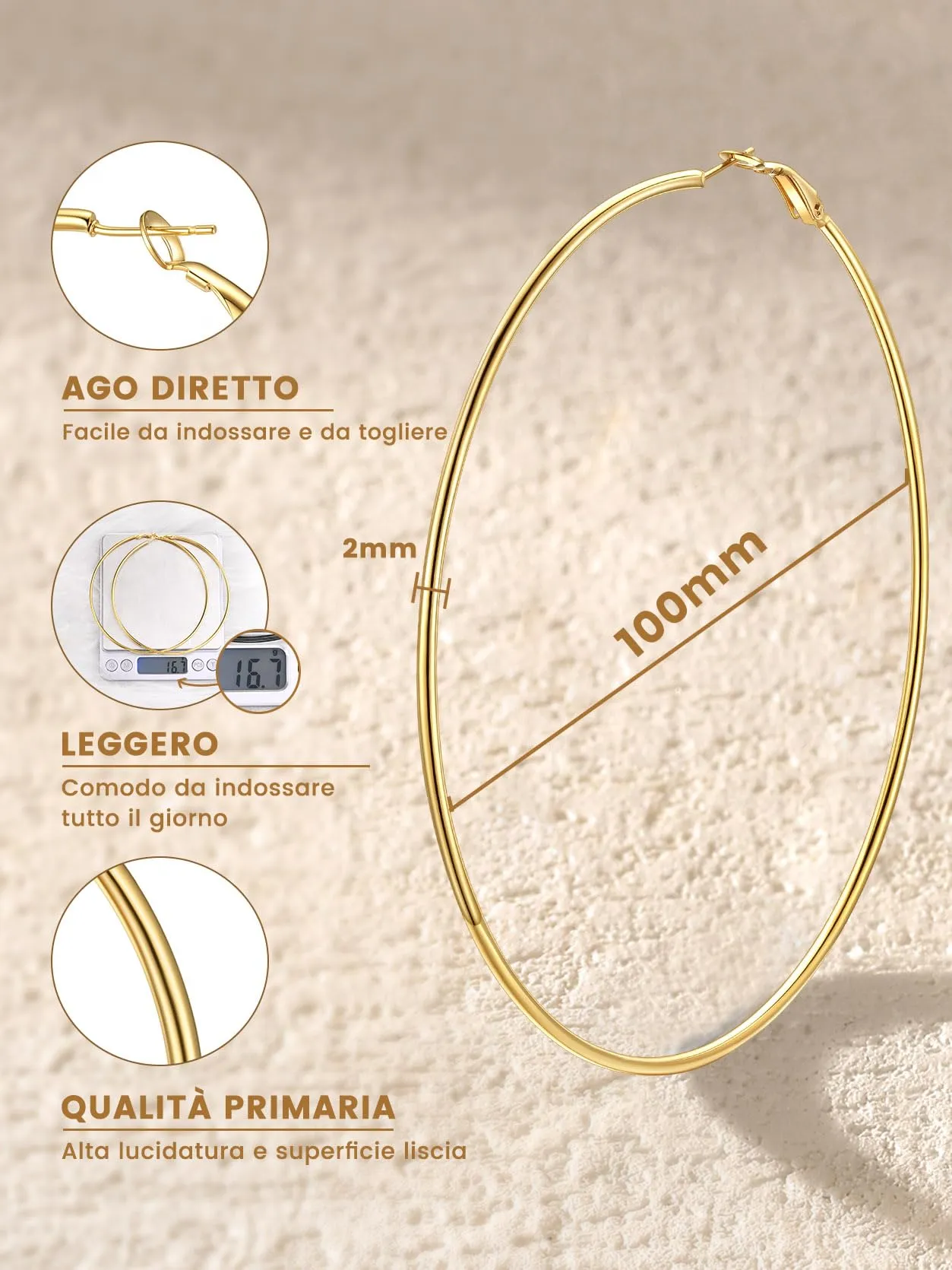 GoldChic Orecchini Cerchio Grande 100mm Oro in Acciaio Inox - immagine 6