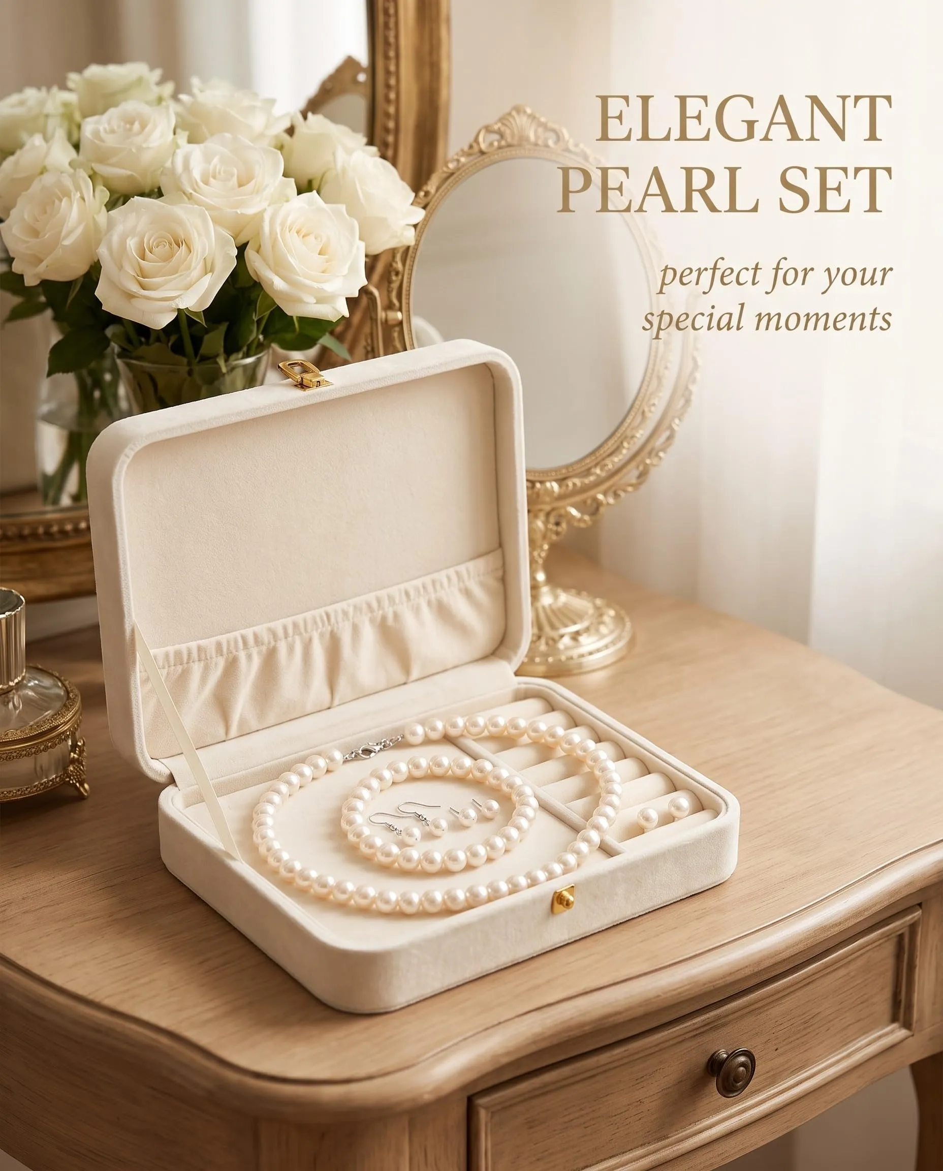 GVOXIS Set di 6 perline finte, collana con perle artificiali, set di orecchini da donna, regalo per compleanni, anniversari, San Valentino, festa della mamma, fidanzamento, matrimonio (bianco) - immagine 2