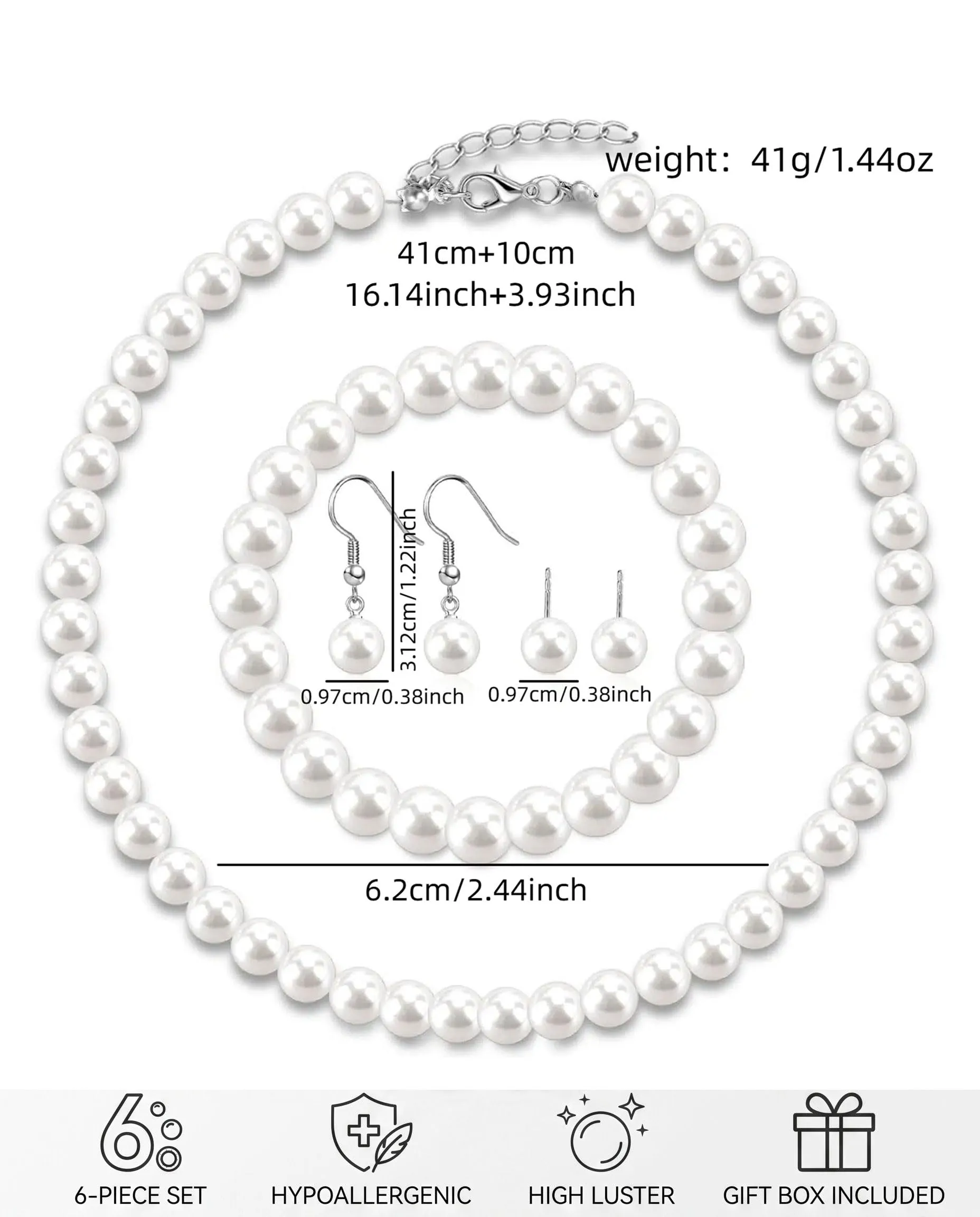 GVOXIS Set di 6 perline finte, collana con perle artificiali, set di orecchini da donna, regalo per compleanni, anniversari, San Valentino, festa della mamma, fidanzamento, matrimonio (bianco) - immagine 8