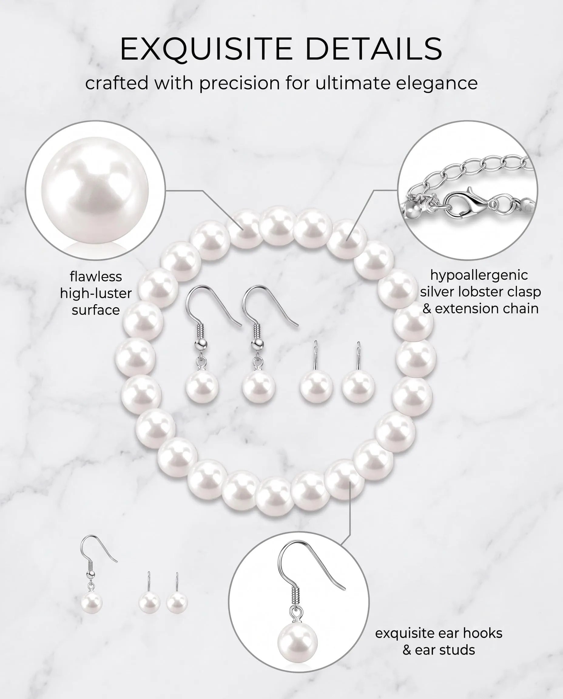 GVOXIS Set di 6 perline finte, collana con perle artificiali, set di orecchini da donna, regalo per compleanni, anniversari, San Valentino, festa della mamma, fidanzamento, matrimonio (bianco) - immagine 9