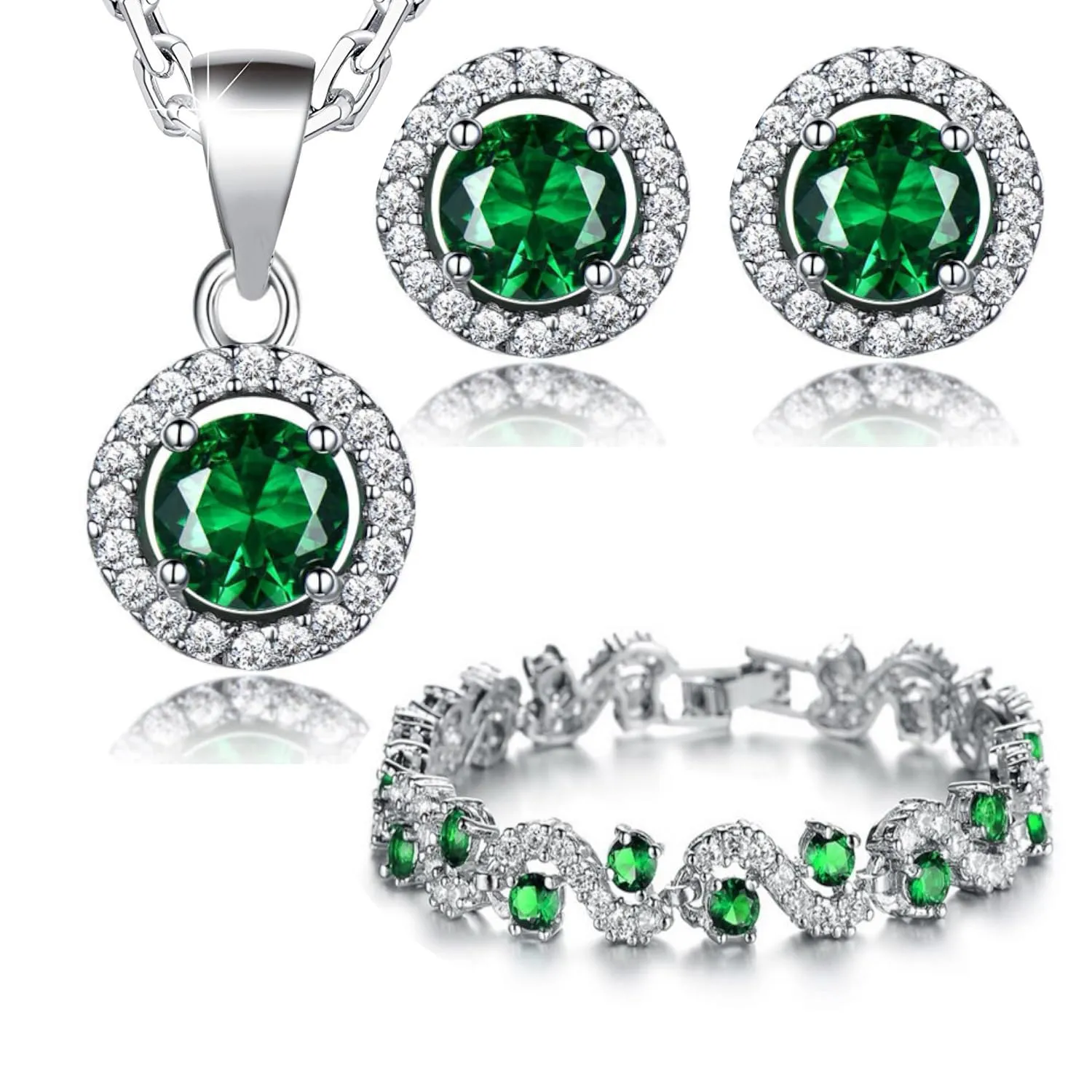 Crystalline Azuria Donna 18ct Placcato Oro Bianco Rotondo Verde Smeraldo simulato Cristalli di Zirconi Parure Collana con Ciondolo Orecchini Bracciale - immagine 1
