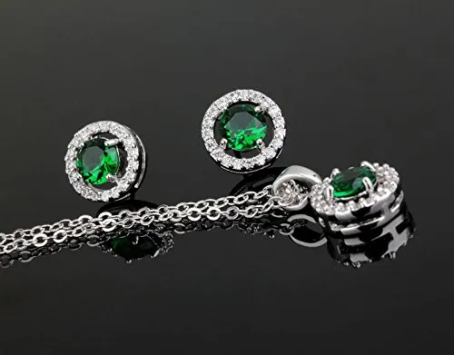 Crystalline Azuria Donna 18ct Placcato Oro Bianco Rotondo Verde Smeraldo simulato Cristalli di Zirconi Parure Collana con Ciondolo Orecchini Bracciale - immagine 2