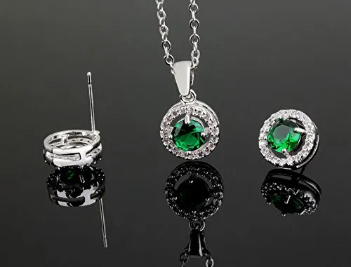 Crystalline Azuria Donna 18ct Placcato Oro Bianco Rotondo Verde Smeraldo simulato Cristalli di Zirconi Parure Collana con Ciondolo Orecchini Bracciale - immagine 3