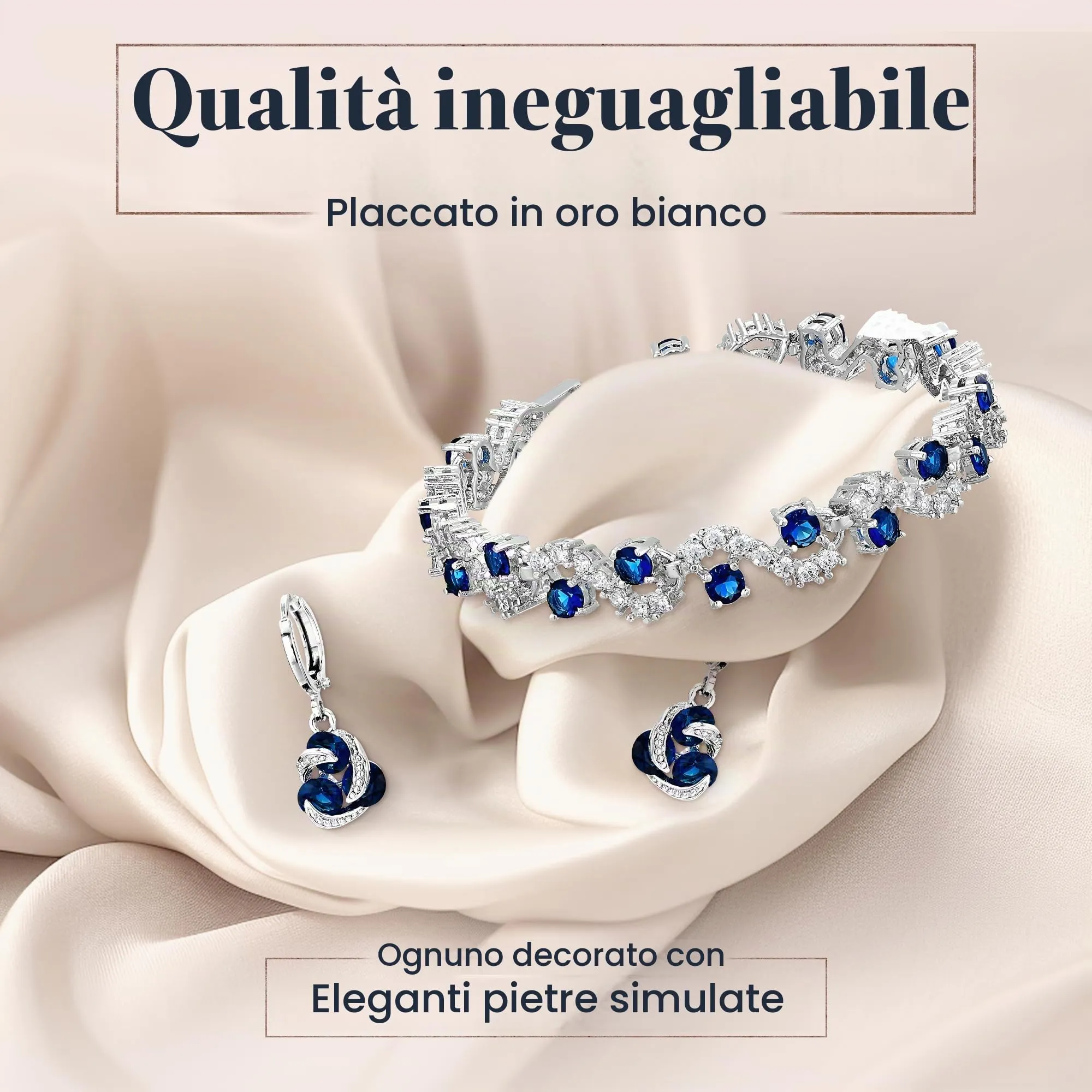 Crystalline Azuria Donna 18ct Placcato Oro Bianco Zaffiro simulato Blu Cristalli di Zirconi Parure Collana con Ciondolo 45 cm Orecchini Bracciale - immagine 5