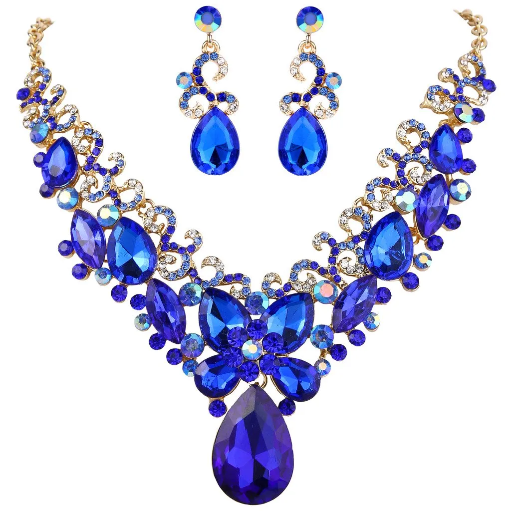 Clearine Donna Parure gioielli-Boemo Boho lacrima Marquise Farfalla Filigrana Collana Ciondola gli orecchini Set Royal Blu Oro-fondo - immagine 1