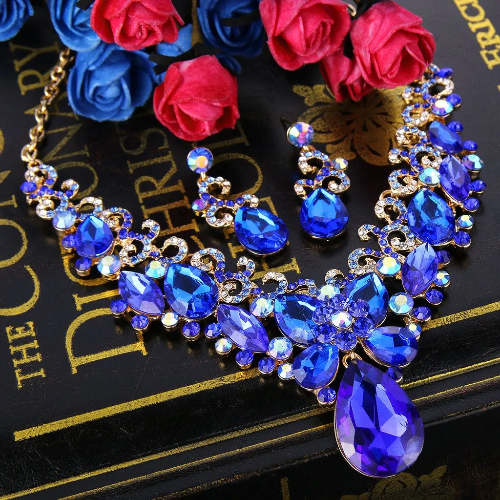 Clearine Donna Parure gioielli-Boemo Boho lacrima Marquise Farfalla Filigrana Collana Ciondola gli orecchini Set Royal Blu Oro-fondo - immagine 3