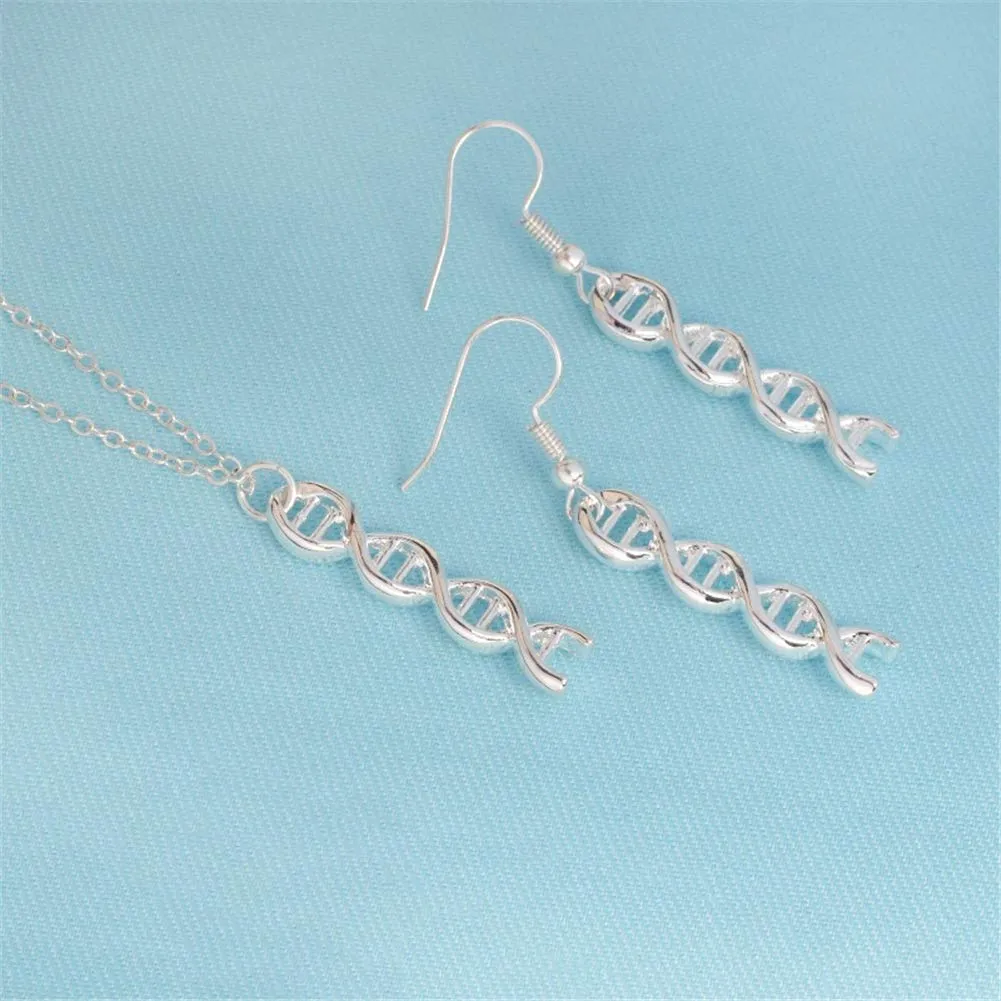 HMOOY Infinity Spiral Dna Double Helix Collana Orecchini Set Chimica Scienza Biologia Molecola Ciondolo Set di Gioielli per Studente di Medicina (Silver) - immagine 2