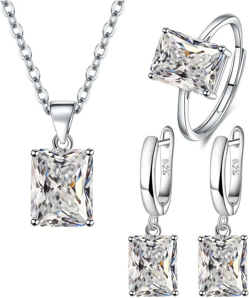 FDEETY 3 Pezzi Parure Gioielli Quadrato Cristallo Collana Orecchini Anello Argento Elegante Donna Set Gioielleria Lusso - immagine 1