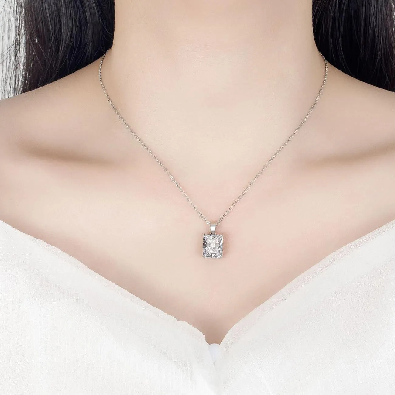FDEETY 3 Pezzi Parure Gioielli Quadrato Cristallo Collana Orecchini Anello Argento Elegante Donna Set Gioielleria Lusso - immagine 6