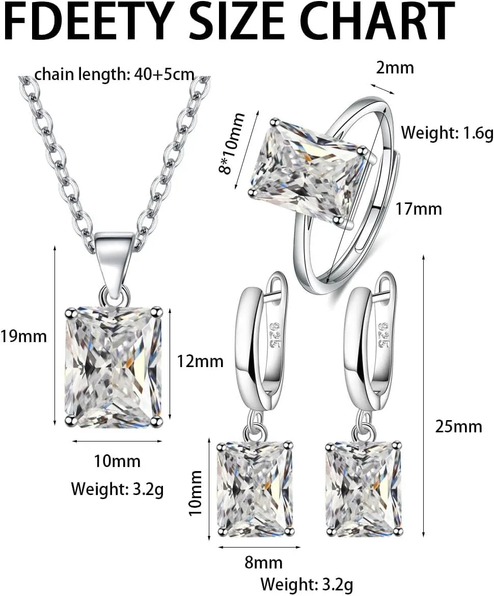 FDEETY 3 Pezzi Parure Gioielli Quadrato Cristallo Collana Orecchini Anello Argento Elegante Donna Set Gioielleria Lusso - immagine 7
