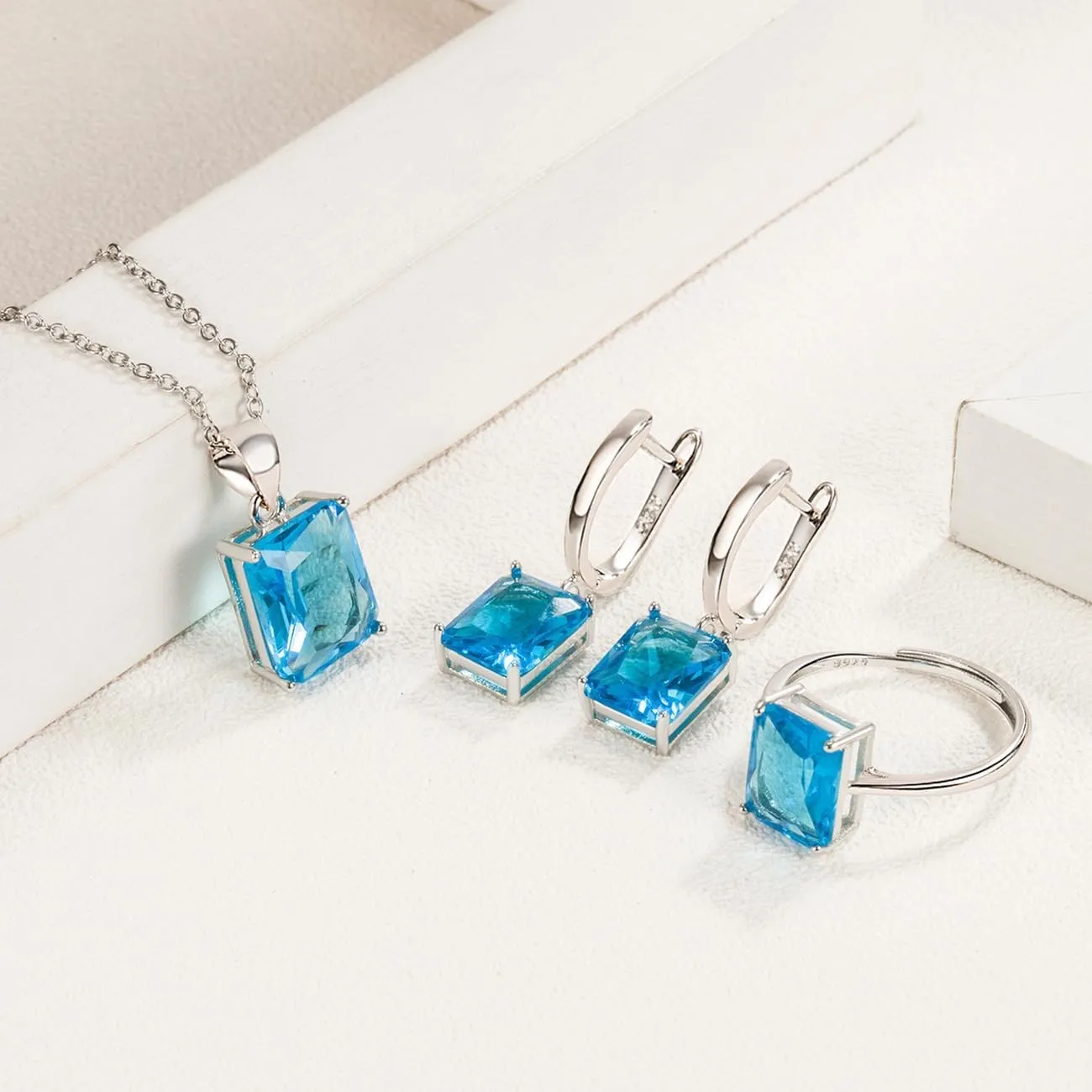 FDEETY 3 Pezzi Parure Gioielli Quadrato Cristallo Collana Orecchini Anello Argento Elegante Donna Set Gioielleria Lusso - immagine 7