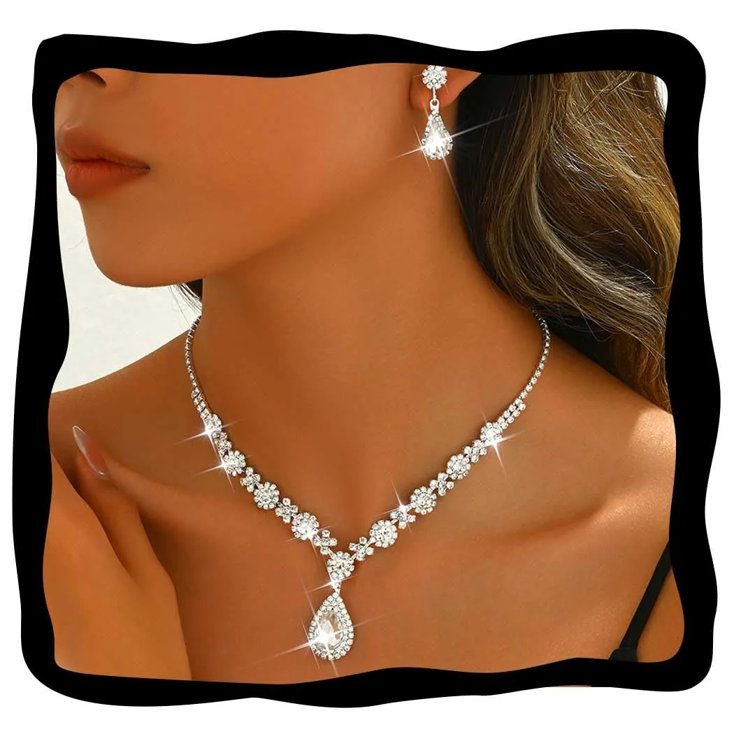 Fashband Set di collane da sposa argento ciondolo orecchini set di gioielli per la sposa matrimonio strass ballo di fine anno collane accessori per donne - immagine 1