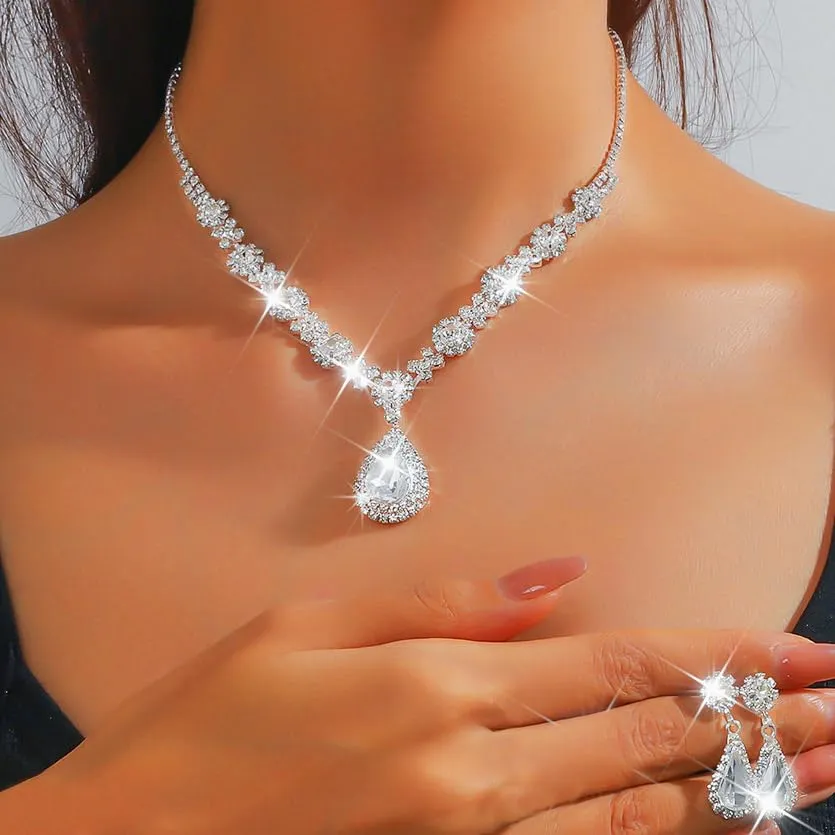 Fashband Set di collane da sposa argento ciondolo orecchini set di gioielli per la sposa matrimonio strass ballo di fine anno collane accessori per donne - immagine 7