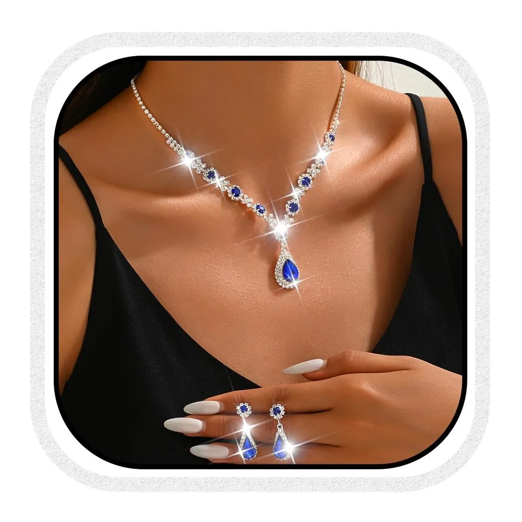 Fashband Set di collane da sposa con ciondolo e orecchini blu per matrimonio, balli, strass, accessori per donne, Taglia unica, Lega di acciaio - immagine 1