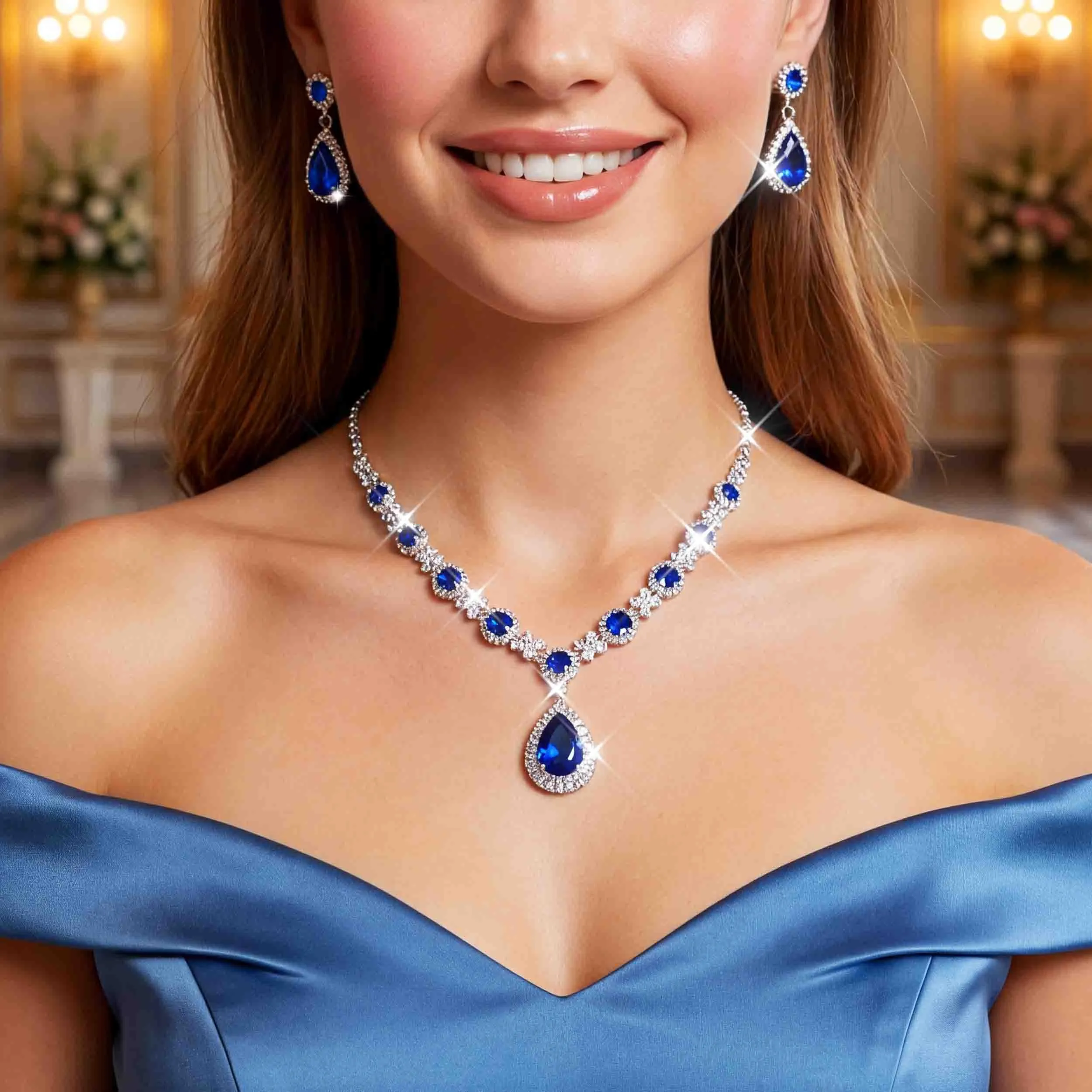 Fashband Set di collane da sposa con ciondolo e orecchini blu per matrimonio, balli, strass, accessori per donne, Taglia unica, Lega di acciaio - immagine 2