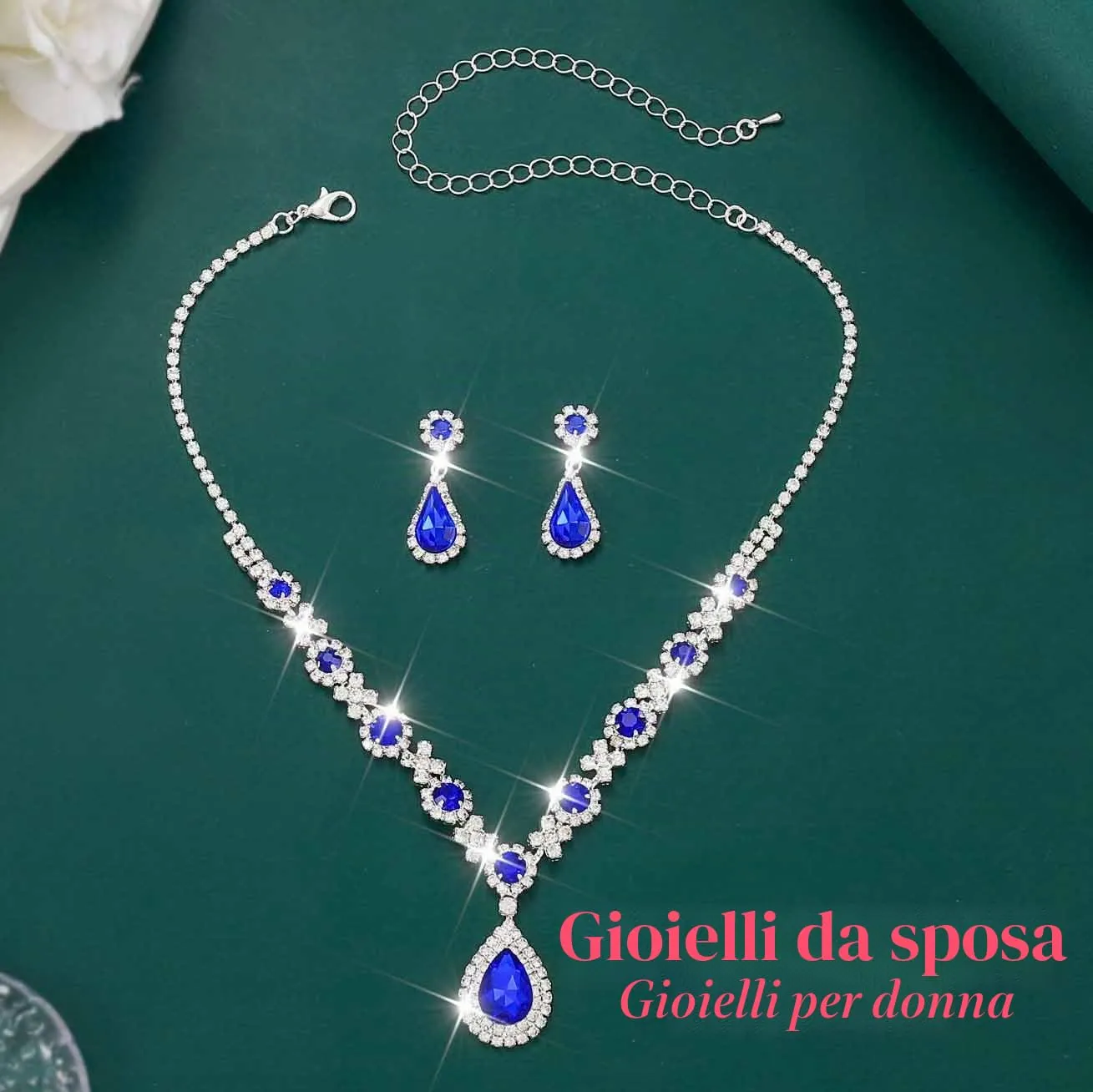Fashband Set di collane da sposa con ciondolo e orecchini blu per matrimonio, balli, strass, accessori per donne, Taglia unica, Lega di acciaio - immagine 3