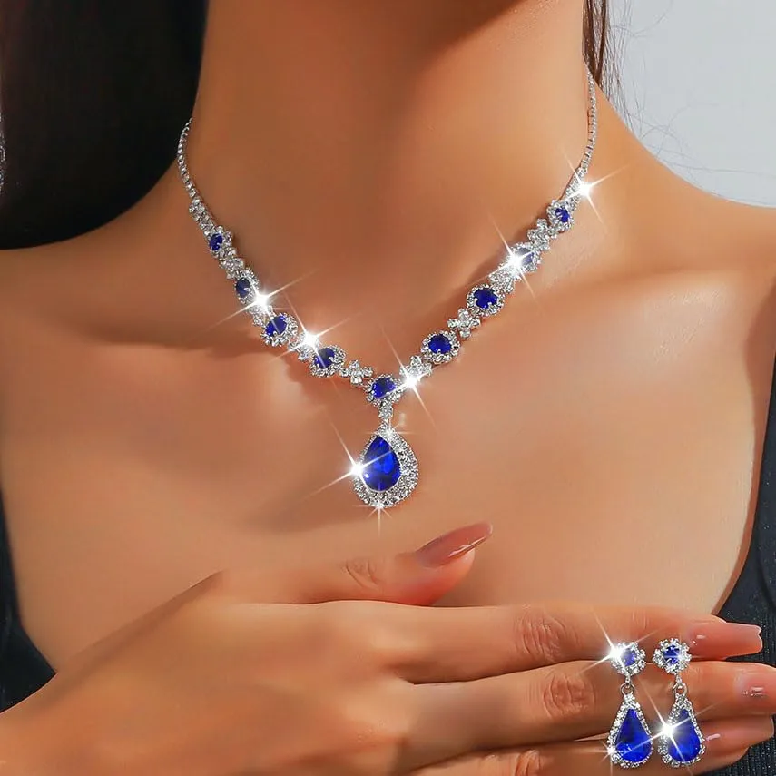 Fashband Set di collane da sposa con ciondolo e orecchini blu per matrimonio, balli, strass, accessori per donne, Taglia unica, Lega di acciaio - immagine 4
