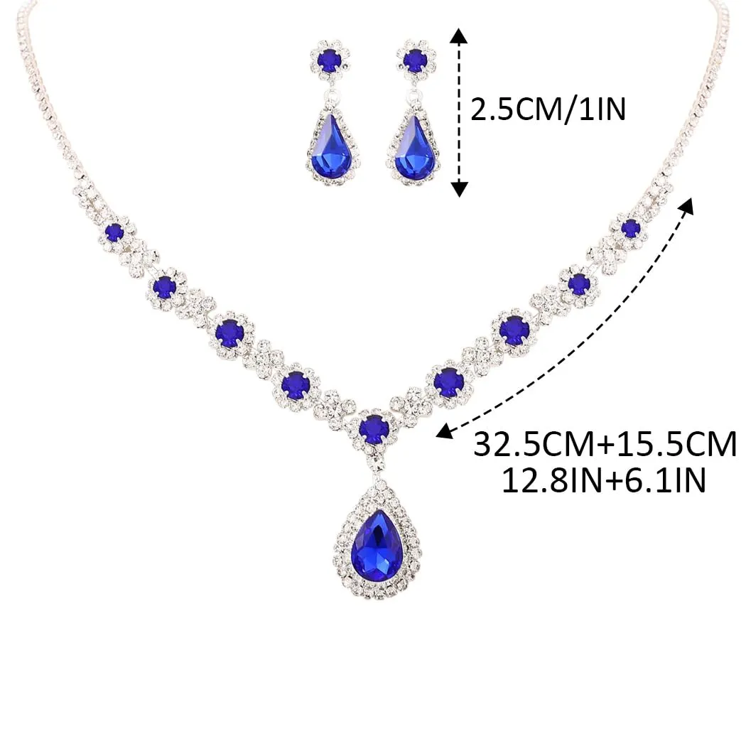 Fashband Set di collane da sposa con ciondolo e orecchini blu per matrimonio, balli, strass, accessori per donne, Taglia unica, Lega di acciaio - immagine 6