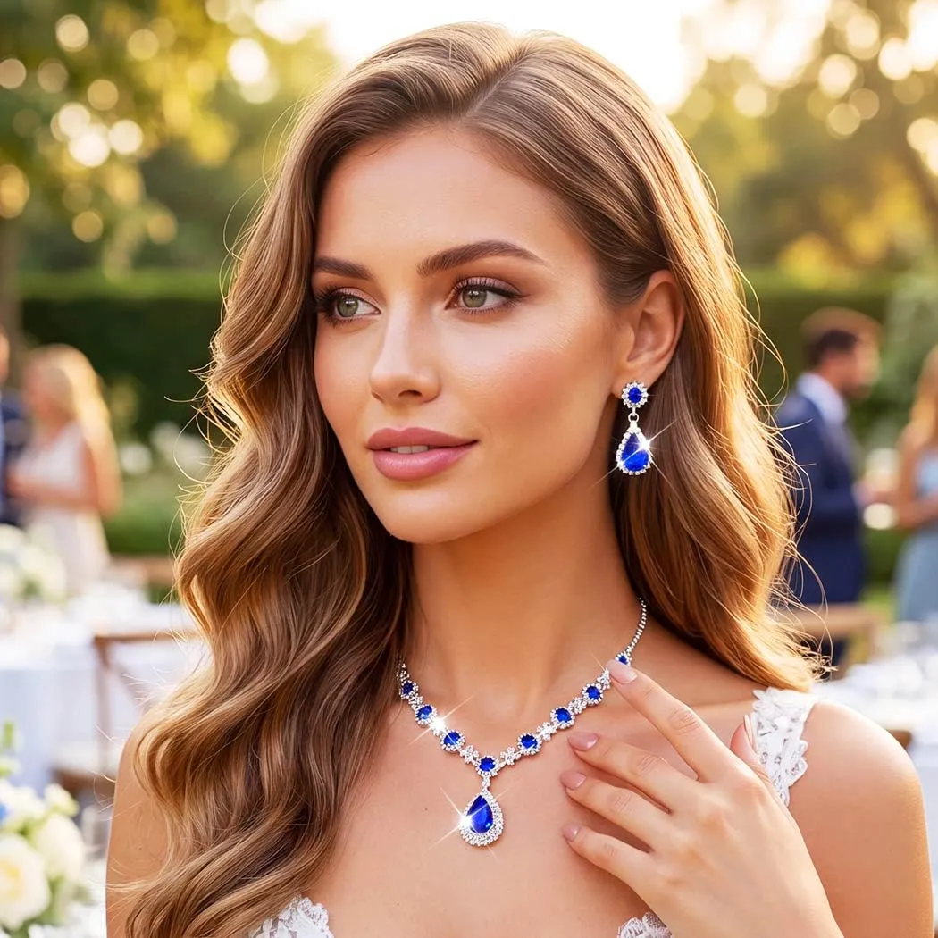 Fashband Set di collane da sposa con ciondolo e orecchini blu per matrimonio, balli, strass, accessori per donne, Taglia unica, Lega di acciaio - immagine 7
