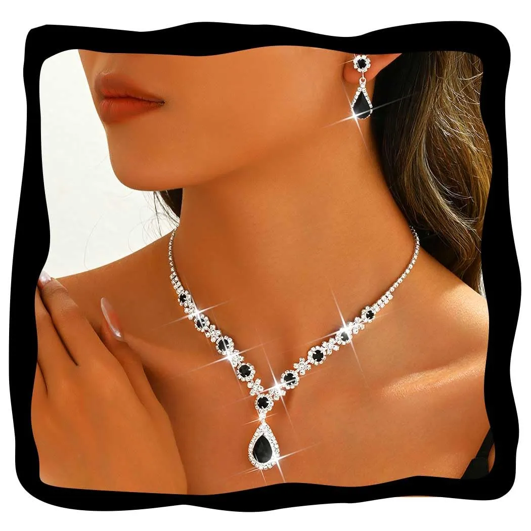 Fashband Set di collane da sposa, orecchini con ciondolo nero, set di gioielli per la sposa, matrimonio, strass, collane da ballo, accessori per donne - immagine 1