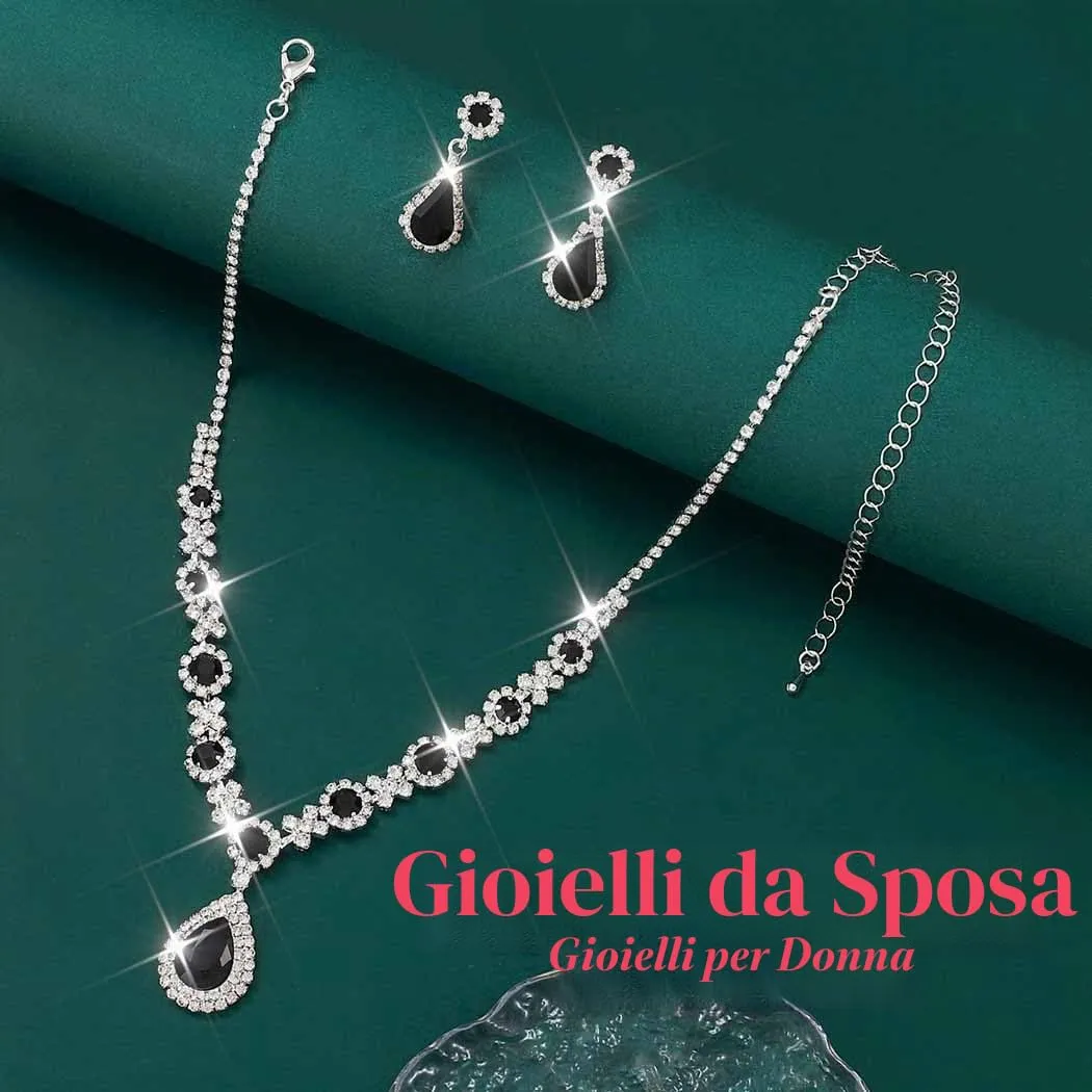 Fashband Set di collane da sposa, orecchini con ciondolo nero, set di gioielli per la sposa, matrimonio, strass, collane da ballo, accessori per donne - immagine 2