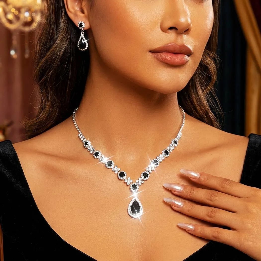 Fashband Set di collane da sposa, orecchini con ciondolo nero, set di gioielli per la sposa, matrimonio, strass, collane da ballo, accessori per donne - immagine 3