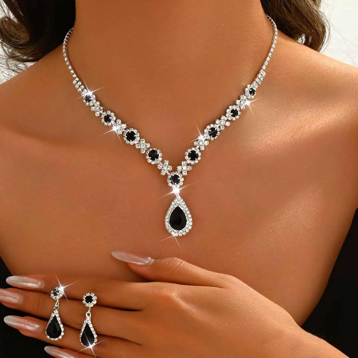 Fashband Set di collane da sposa, orecchini con ciondolo nero, set di gioielli per la sposa, matrimonio, strass, collane da ballo, accessori per donne - immagine 5