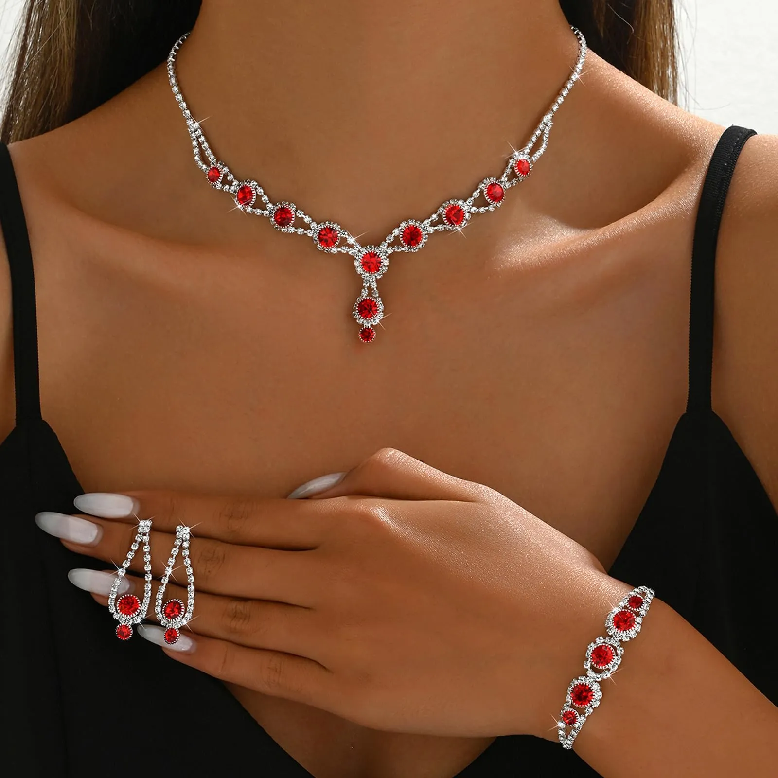AOWVUTS Cristallo Set di Gioielli da Sposa Donne Argento Parure Gioielli con Strass Rotondo Collana Orecchini Pendenti Bracciale Set Gioielli da Zirconia Cubica (Rosso) - immagine 2