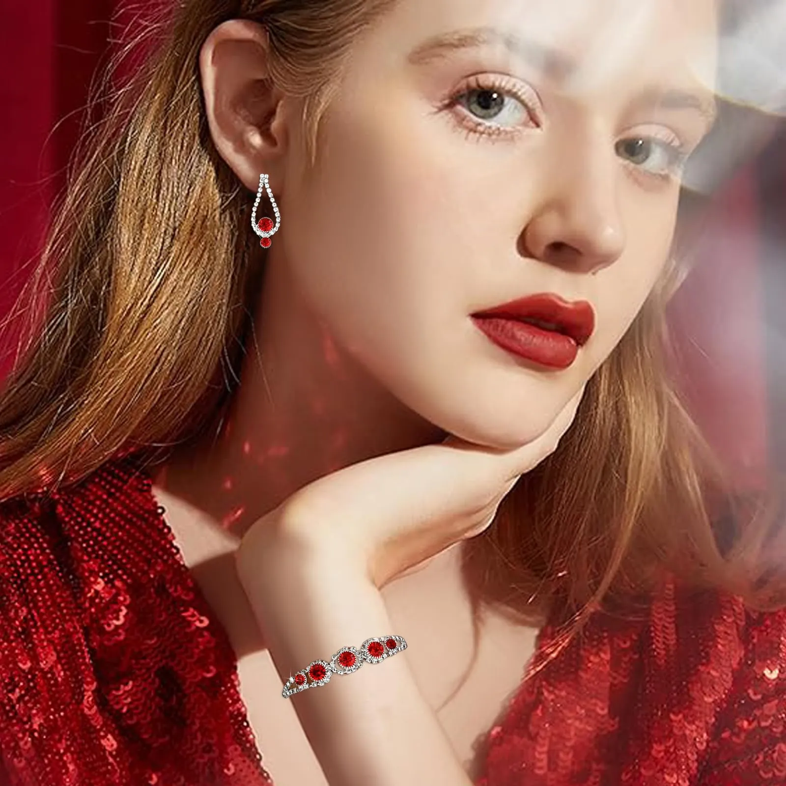 AOWVUTS Cristallo Set di Gioielli da Sposa Donne Argento Parure Gioielli con Strass Rotondo Collana Orecchini Pendenti Bracciale Set Gioielli da Zirconia Cubica (Rosso) - immagine 5