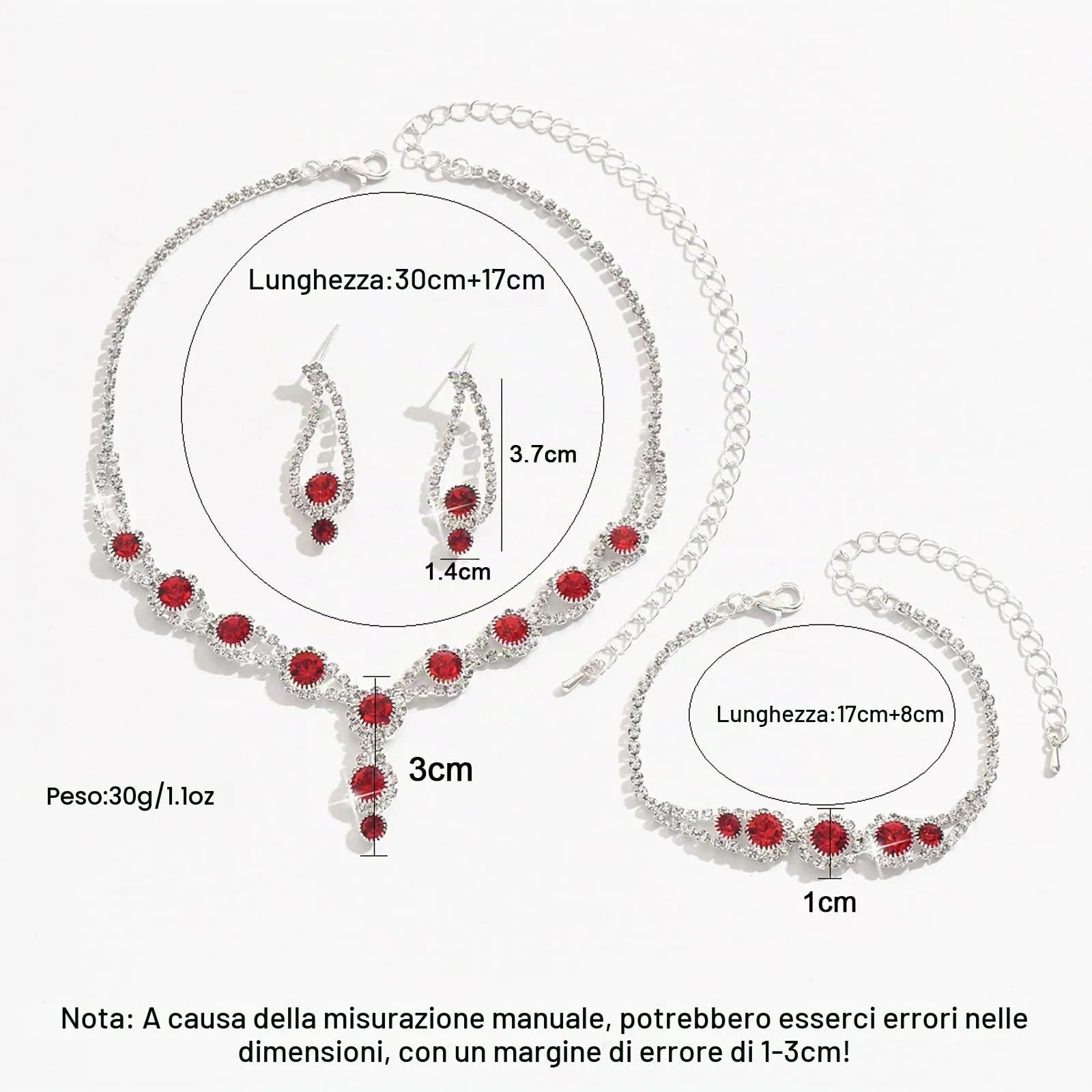 AOWVUTS Cristallo Set di Gioielli da Sposa Donne Argento Parure Gioielli con Strass Rotondo Collana Orecchini Pendenti Bracciale Set Gioielli da Zirconia Cubica (Rosso) - immagine 7