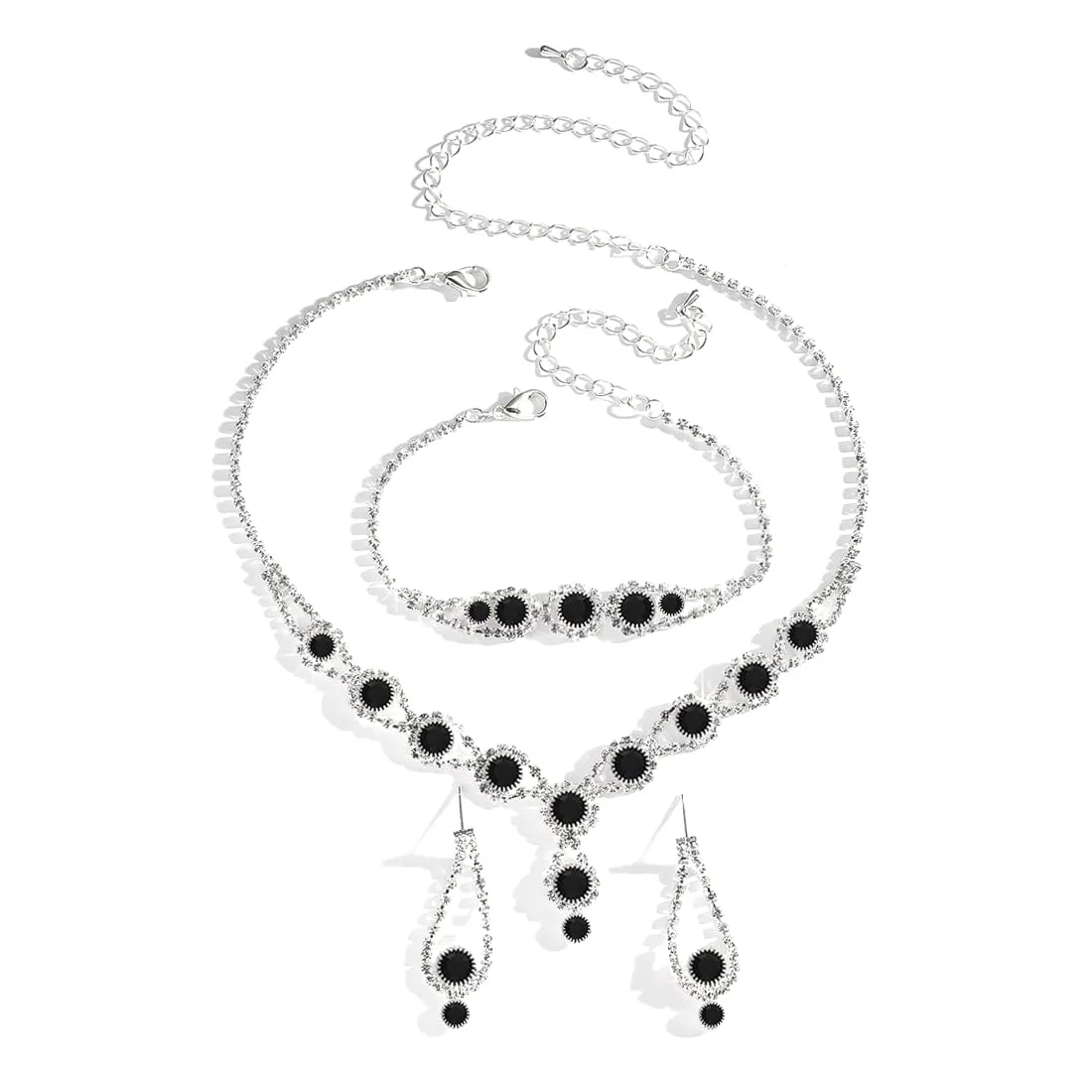 AOWVUTS Cristallo Set di Gioielli da Sposa Donne Argento Parure Gioielli con Strass Rotondo Collana Orecchini Pendenti Bracciale Set Gioielli da Zirconia Cubica (Nero) - immagine 1